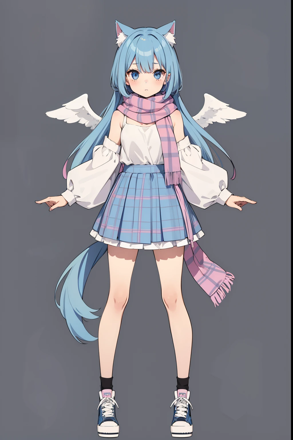 girl with blue hair standing, full body adoptable, long haired humanoid fursona, character adoptable, single character full body, full body sprite, with converse, grey tanktop, plaid skirt, pastel pink scarf, fluffy cat tail, cat ears, with angel wings on upper back