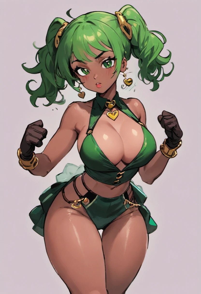 Connie maheswaran high resolution thick-line fighting game character splash-art (dark-skinned female) , nubian button nose, heart shaped face, full lips, green curly hair, . Wood tone skin, emerald eyes, soft physique, medium square body type, full breast, heart shaped rear, curvy hips :: (Urban style white and mint mid-drif tblouse, green tie, a black fllowing knee high suspender skirt, some white socks and black combat boots and some red weighted gloves, ) ( gold chain with quil pen hanging) BREAK (20 years-old, runaway heiress, cocky, newbie adventurer fighter and guild member, cunning and excitable, magic writer, ) BREAK(masterpiece), The style is inspired by Rival Schools, and the art is by Edayn and Alex "oh8" Ahmed. The two-tone background features an evening sun cascading over a futuristic urban city festival