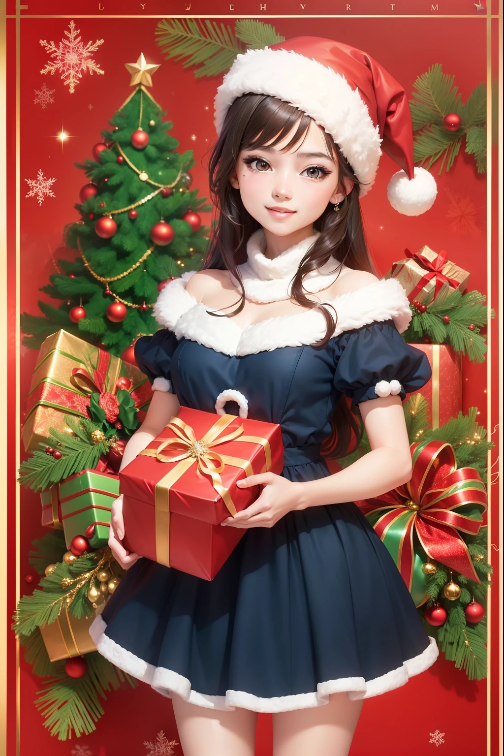 (A high resolution,Realistic) Girl in luxurious costume, Hold a beautifully wrapped Christmas present, Pose for the camera on a vibrant anime poster,Inspired by celebrations. The dress of the girl has intricate details and rich textures. Her eyes sparkled with excitement,with a gentle smile on his lips. The artwork demonstrates impeccable attention to detail, Every aspect and expression on the girl's face is meticulously portrayed. The scene is bathed in a warm, Comfortable lighting, Elevate the festive spirit. The colors used are bright and vivid, Capture the joyful spirit of Christmas. The medium used in the artwork is a fusion of digital illustration and painting techniques, Produce visually stunning highly detailed images. The overall composition focuses on girls, Surrounded by elements that evoke the holiday season, Like twinkling lights, Ornaments, and holly leaves. Through this anime-themed Christmas poster, The artist aims to convey a feeling of warmth, blissful, and excitement, Embrace the holiday spirit,Add a touch of elegance and charm.