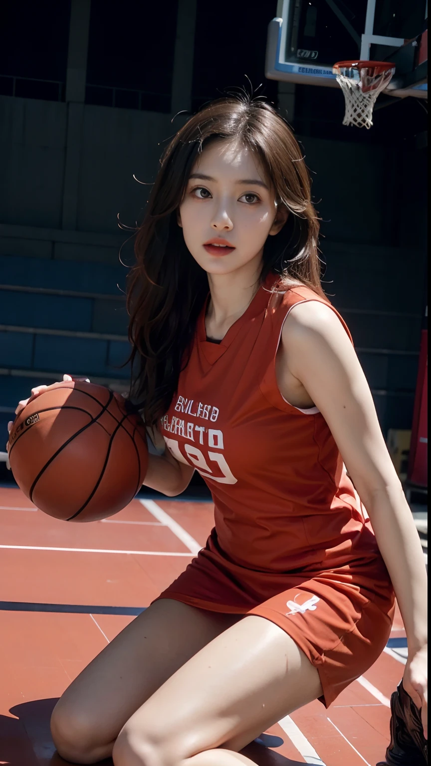 Top quality, 超高分辨率, (Photorealistic: 1.4), 8K resolution, (Woman in basketball uniform), (Random hair: 1.3), (photo-realistic hair: 1.2), (Realistic eyes: 1.2), (beautfully face: 1.3), (Large breasts:1.3), (Wet skin: 1.2),(Dynamic Angle:1.1),(full bodyesbian)sweat leggs,at basketball court,Low Angle Lens,low chest,无袖,long leges
