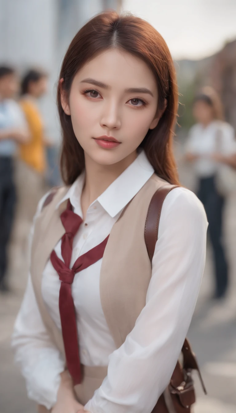 (((realistic photo shot))),, Portrait, (Face of fear:1.3),, Beautiful Girl, Looking at Viewer, , (School uniform:1.2), Shirt buttons and trousers, , (Big cleavage:1),, On Japan Street, (details in environment:1.3),, (Raw photo, cg unity, Photography, super realistic details, Sharp Focus, Detailed skin,4K, hight resolution, masutepiece, Best Quality, Realistic, Vibrant:1.2),, (8K,4K, nffsw, High resolution, Professional, Cinematic, movie, Dramatic),, (anamorphic depth of field blur background), Detailed background,