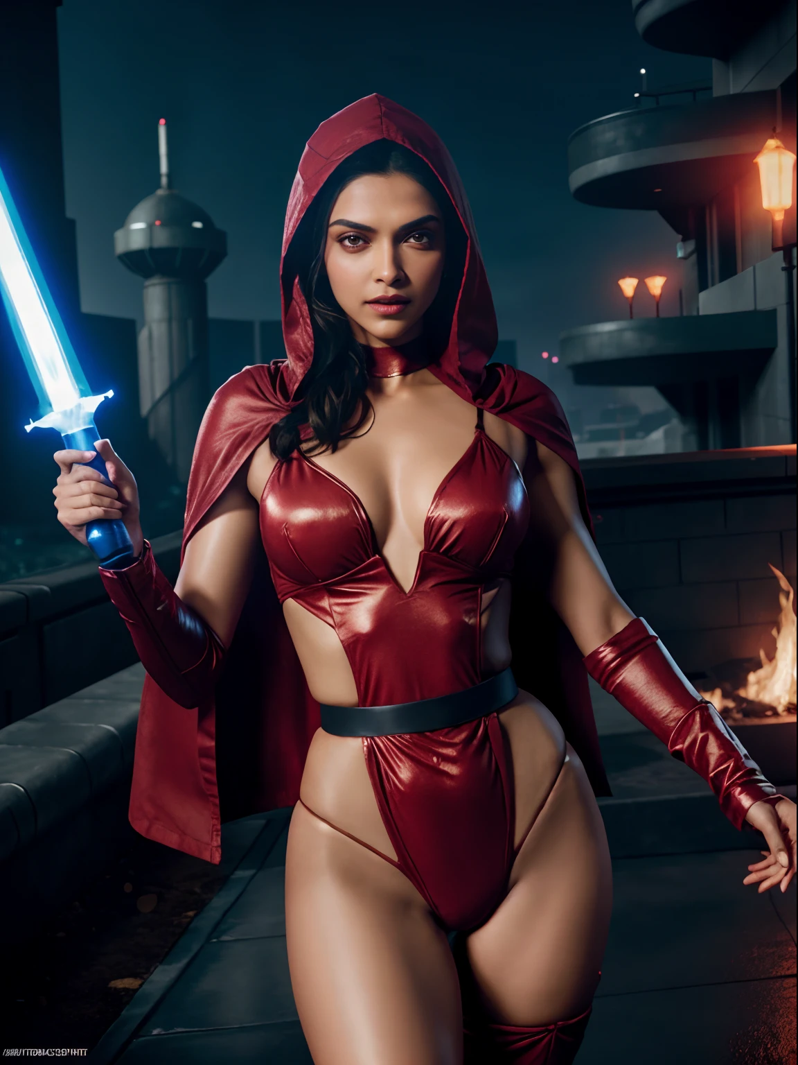 Deepika Padukone as an extremely sexy red riding hood, dynamic pose, full body, highly detailed face, perfect face, perfect body, camel toe, golden hour, photorealistic, high contrast, 8k HD, detailed, hyper-detailed, realistic skin texture, covered with red hood, big breast, best quality, ultra high res, raw photo, dramatic lighting, unreal engine, diffuse glow, holding a blue light saber, Starwars Coruscant Background