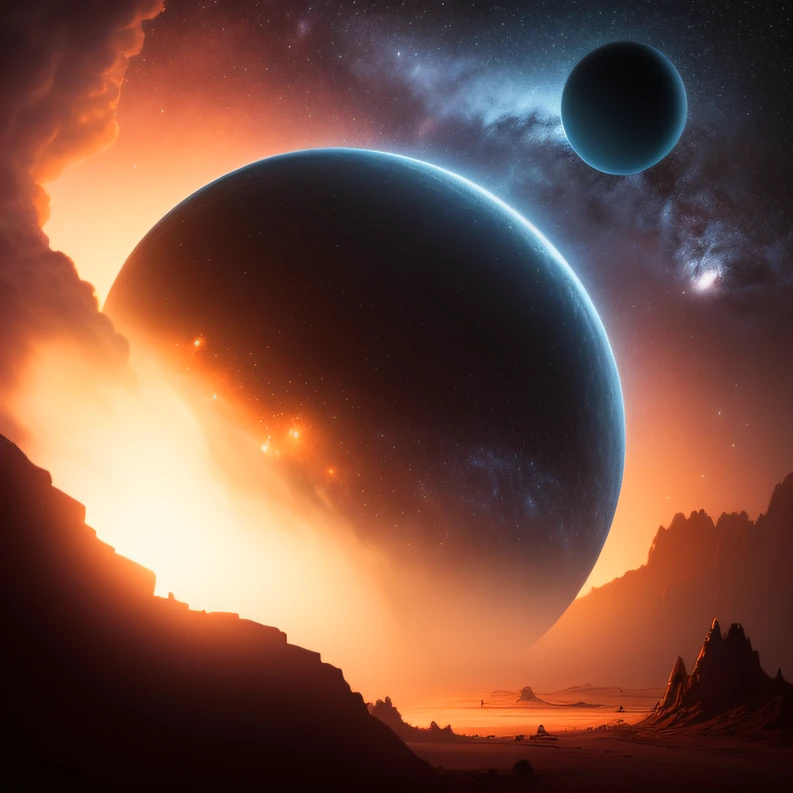 Alien base (Very detailed) In the mountainous desert，There are several exhaust fans and chimneys, Some spotlights come out of the base to illuminate dark places, (Extreme nights), Some clouds in the night sky, Some of the surrounding planets provide air to unknown planets，The farthest giant volcano is erupting