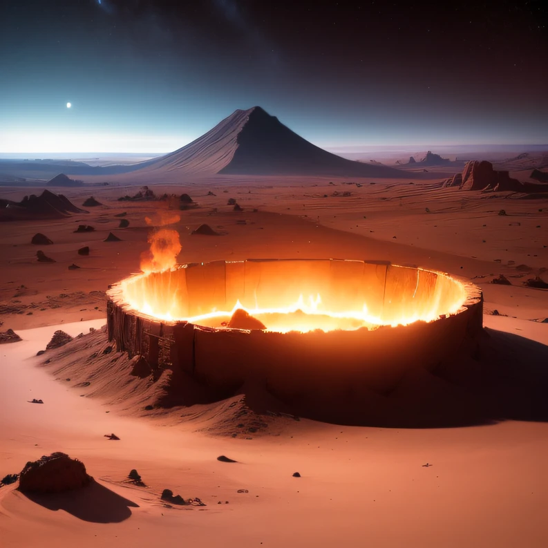 Alien base (Very detailed) In the mountainous desert,There are several exhaust fans and chimneys, Some spotlights come out of the base to illuminate dark places, (Extreme nights), Some clouds in the night sky, Some of the surrounding planets provide air to unknown planets,The farthest giant volcano is erupting