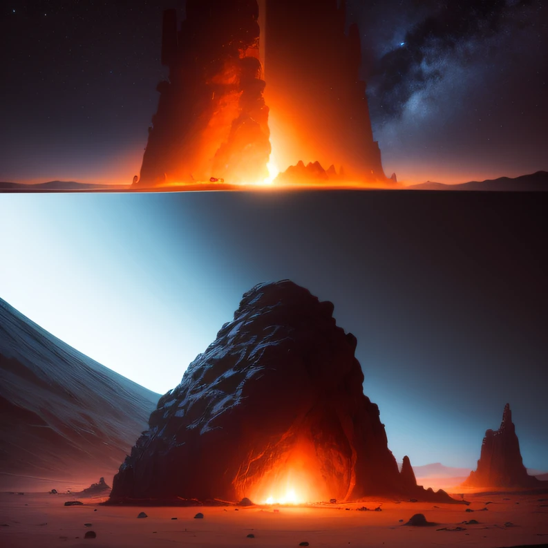 Alien base (Very detailed) In the mountainous desert,There are several exhaust fans and chimneys, Some spotlights come out of the base to illuminate dark places, (Extreme nights), Some clouds in the night sky, Some of the surrounding planets provide air to unknown planets,The farthest giant volcano is erupting