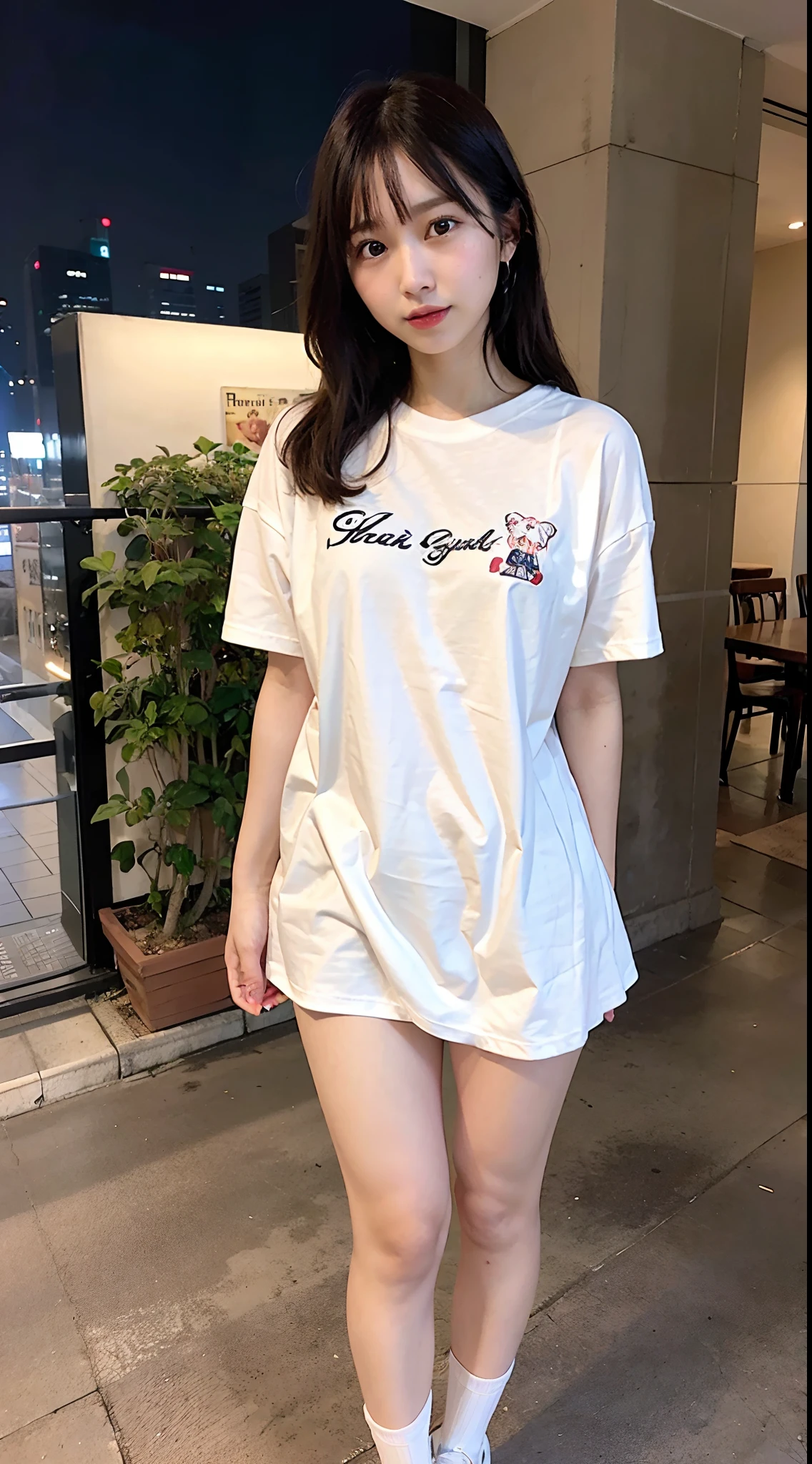 (Oversized_Shirt:1.2)、Oversized_Shirt、
Good Hand、4K、hight resolution、​masterpiece、top-quality、((Hasselblad photo))、foco nítido、(cinematlic lighting)、beautiful  lighting、dynamic ungle、[:(Detail Face:1.2):0.2]、Very pretty woman、Women of short stature、、Attractive paws、Emphasis on the thighs、thick thight、Beautiful legs、Ecchi thighs、white  shirt