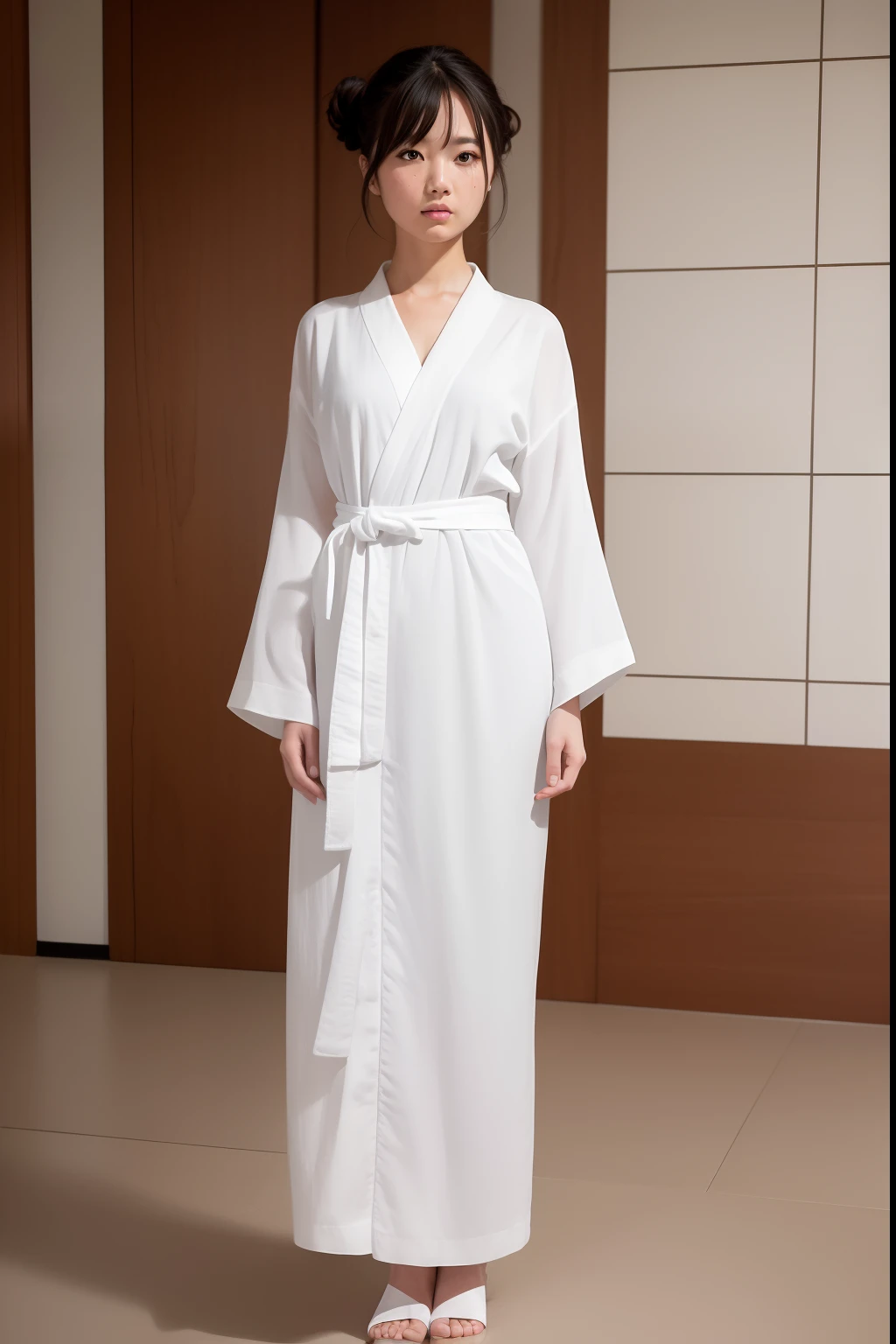 ((Masterpiece,Best quality, high resolution)), 1girll, Solo, The light is gentle，1 girl in a gray yukata，white sash，burlap，Female prisoners，With a petite figure，brunette color hair，hair-bun，Stand in a gloomy prison，stand posture，Full body like，Painful expression，is shy，Clothing covers the whole body，folds，solid color backdrop，