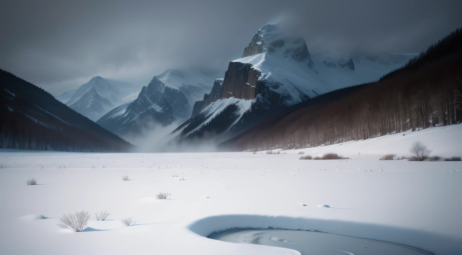 snowfield，dimly lit，heavy snowy，There were snowflakes in the air，NOWAI，Barren
