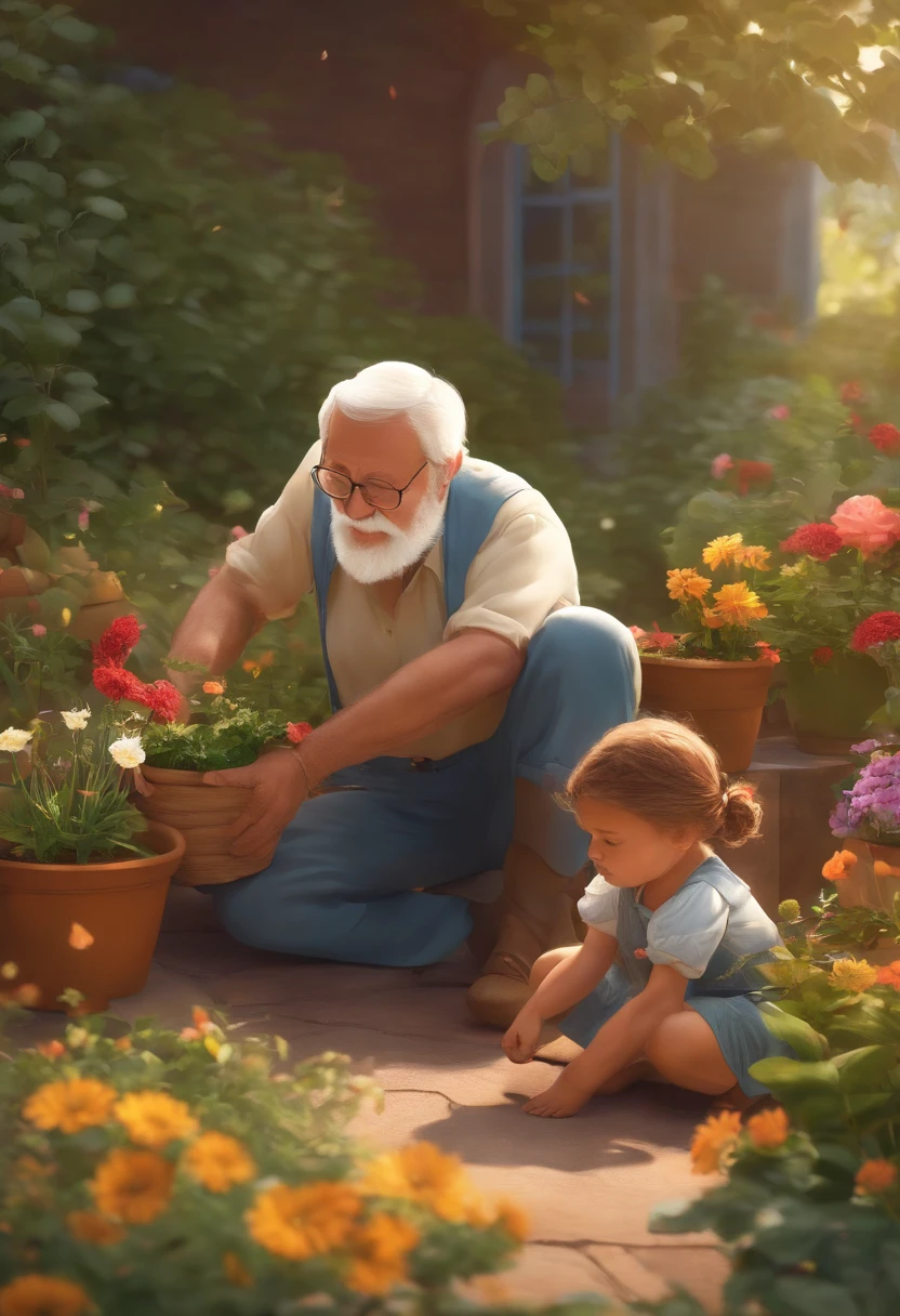 crie em animechild with grandpa playing and planting flowers