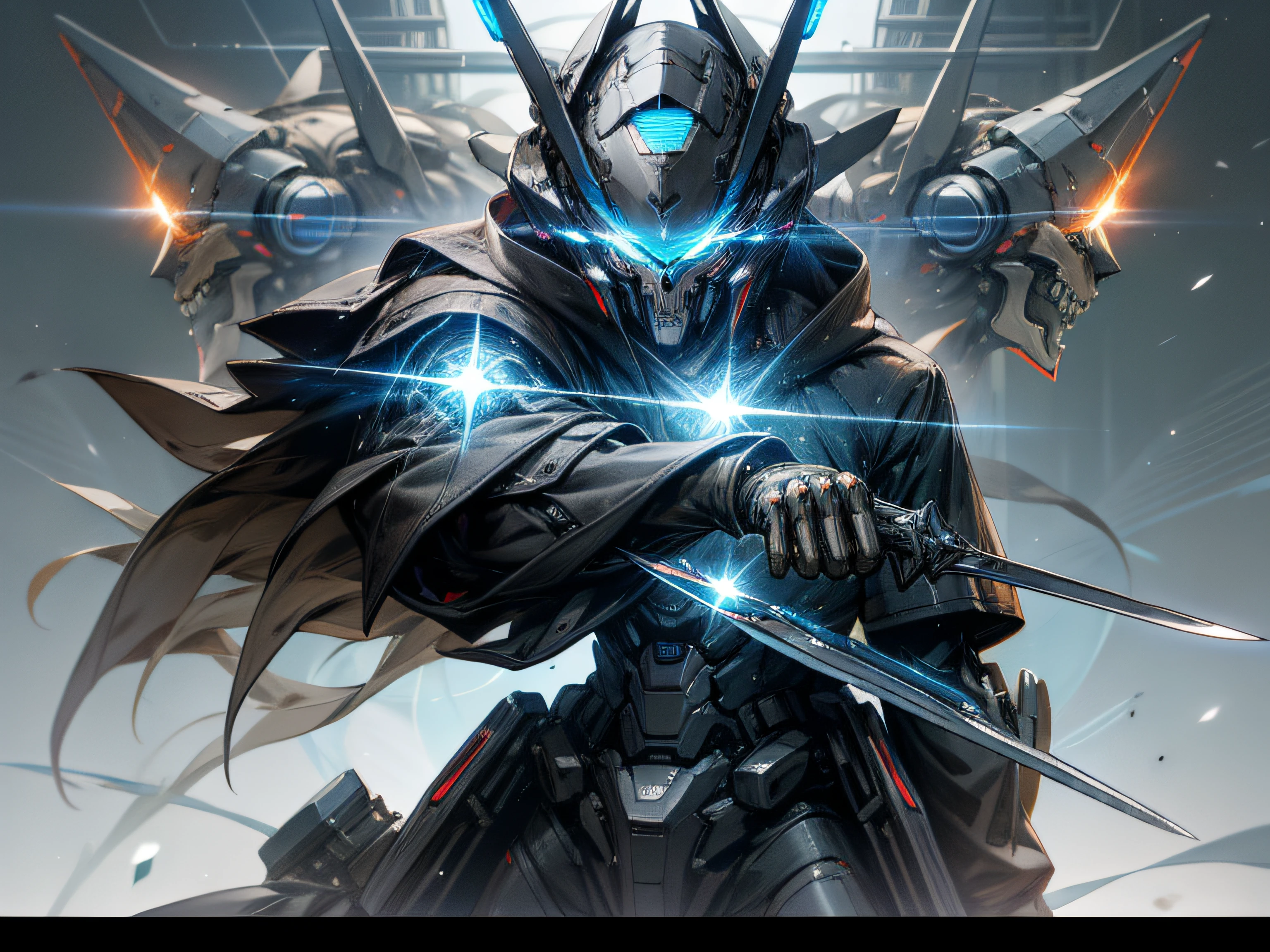 cyber punk perssonage,Cold,Dark blue eyes,mechs,droid,Hold a sharp knife in your hand,ember,muscline,metalictexture,Wires are exposed,higher details,4K,k hd,The blade is HD,The blade emits blue light,Skull HD resolution,Hand optimization,Male characteristics,muscline,Cold,Handsome,metalictexture,