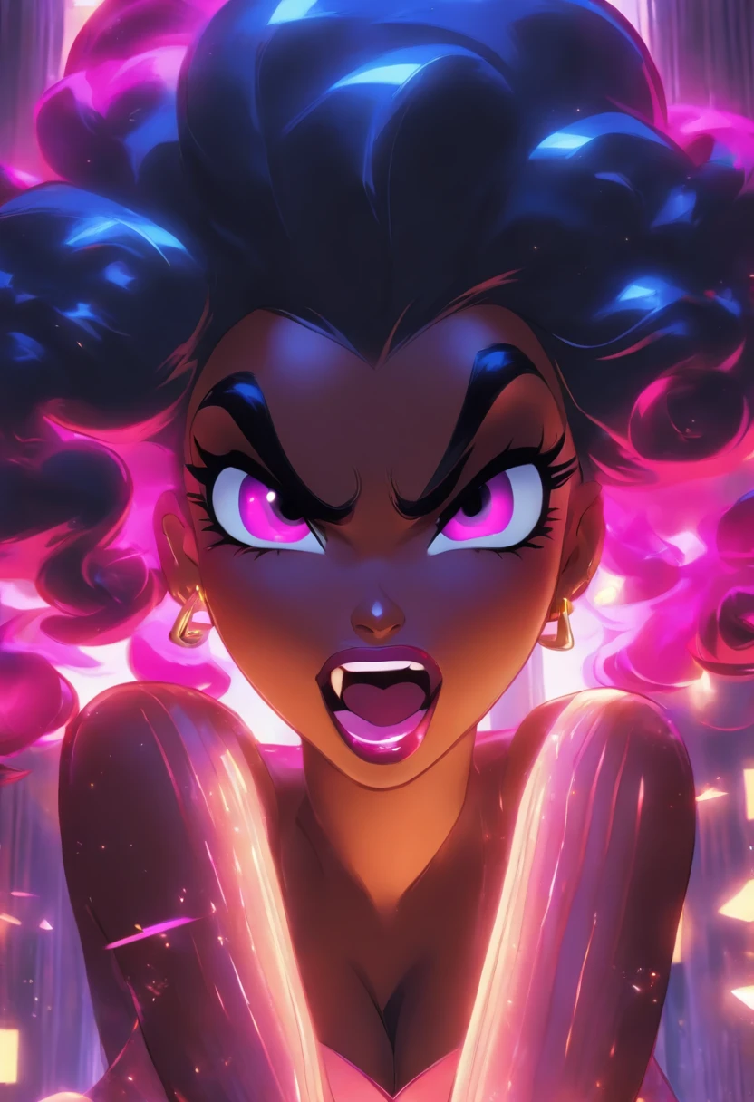 (,Alluring, seductive, and magnetic mafia donness Connie maheswaran in a sensuous full - body glamour shot laying down surrounded by daimonds and guns in her office best quality), (ultra-detail,5k,)), (masterpiece:1.2), , (perfect details), 1girl, solo, mob diva, , salacious, curvaceous, active, (,(Darkskin:1.2), curly, bangs, long hair, (black eyes:1.2), 25-year-old Mahagony-skinned, darkskin, , thighhighs, gloves, statuesque, oblong-shaped face, narrow convexed hooked nose, vivacious eyes, flowing wavy hair, tone, hourglass physique,thick, alluring, heart hips, long, toned legs. (Pink beret) (blue and black pinstripe outfit),):1.2, (, sinister smile:1.2), spreading legs, upper body, (from below, floor:1.2), front view, (extremely fine and beautiful:1.1), (character shot) beautiful face, beautiful eyes, (detailed face, detailed eyes:1.2), detailed lip, shiny skin, oil skin, shiny hair, sense of depth, depth of field, (add layer:1.2), dynamic angle, scenery, dramatic lighting, volumetric lighting, golden hour, highly detailed facial expressions, realistic expression, perfect peice, perfect prompt, full length, best quality,::3 (surrounded by diamonds:1.5),( privacy :1.5),( ,mafia),((femme fatale, bedroom,guns,diamonds:1.2)), various experiments decoration),(evening interior,Connie Maheswaran