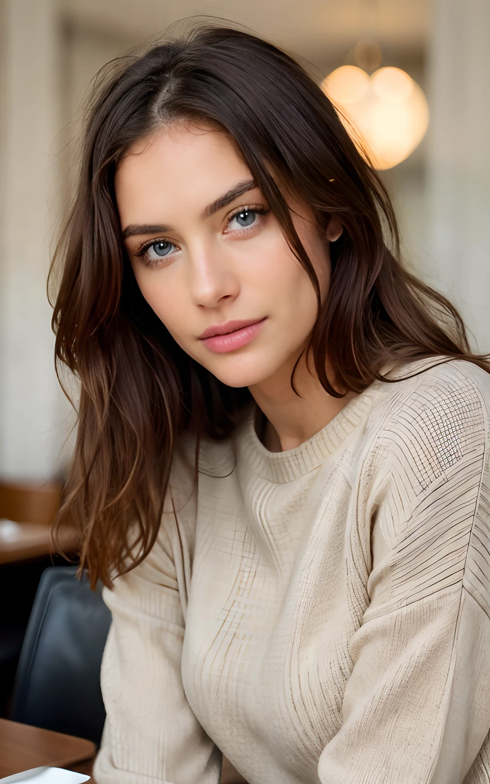 beautiful brunette wearing beige sweater (having lunch inside a modern restaurant), very detailed, 40 years, innocent face, long hair, natural wavy, blue eyes, high resolution, masterpiece, best quality, intricate details, highly detailed, sharp focus, detailed skin, realistic skin texture, texture, detailed eyes, professional, 4k, charming smile, shot on Canon, 85mm, shallow depth of field, kodak vision color, perfect fit body, extremely detailed, foto_\(ultra\), photorealistic, realistic, post-processing, maximum detail, roughness, real life, ultra realistic, photorealism, photography, 8k uhd, photography
