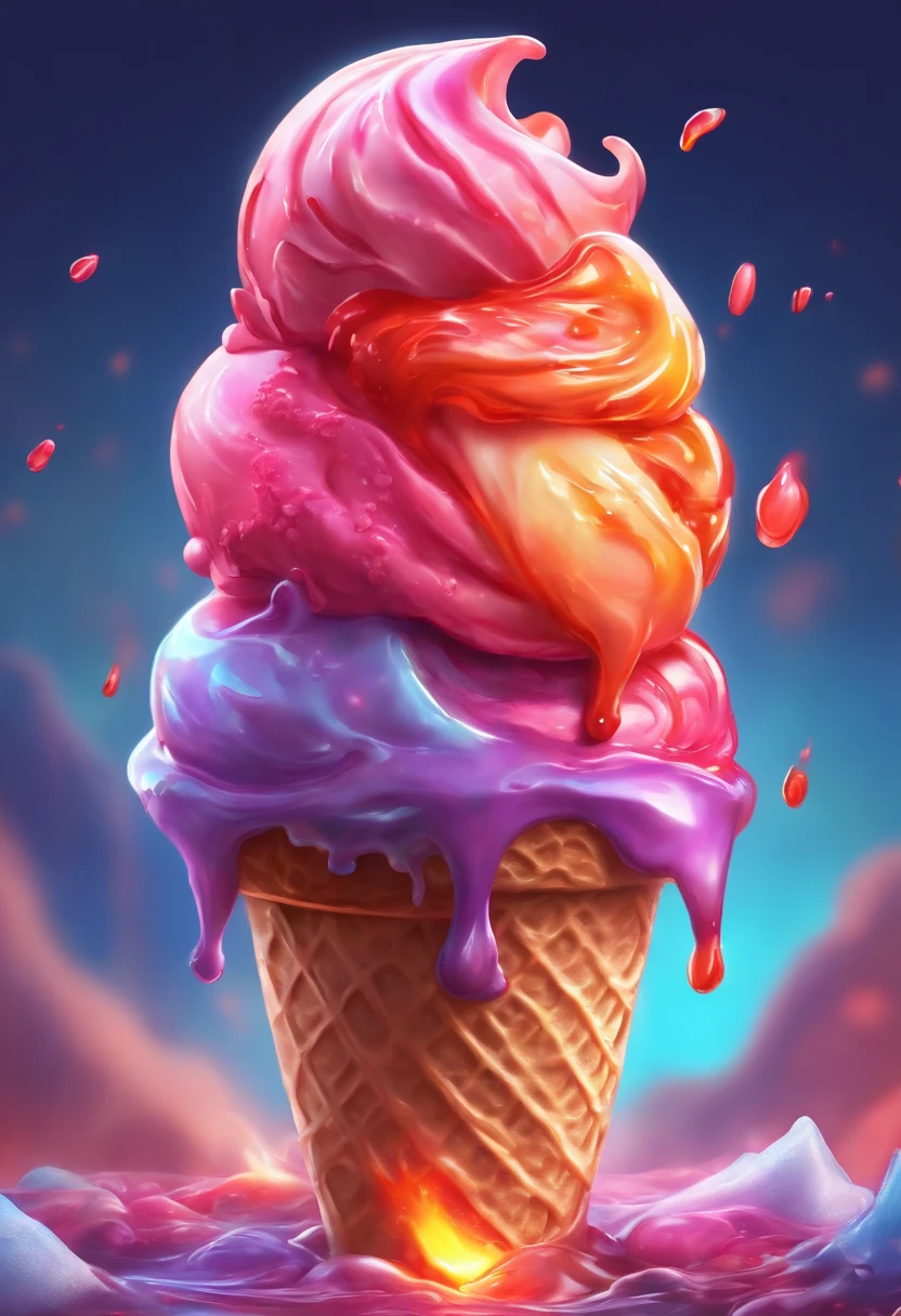 ((ice cream made with lava)), fancy volcano ice cream, luminism, Maya render, fire colors, (melting lava), ((melt)), fancy volcano background, (8k, best quality, masterpiece:1.2), (realistic, photo-realistic:1.5),((ultra-detailed))