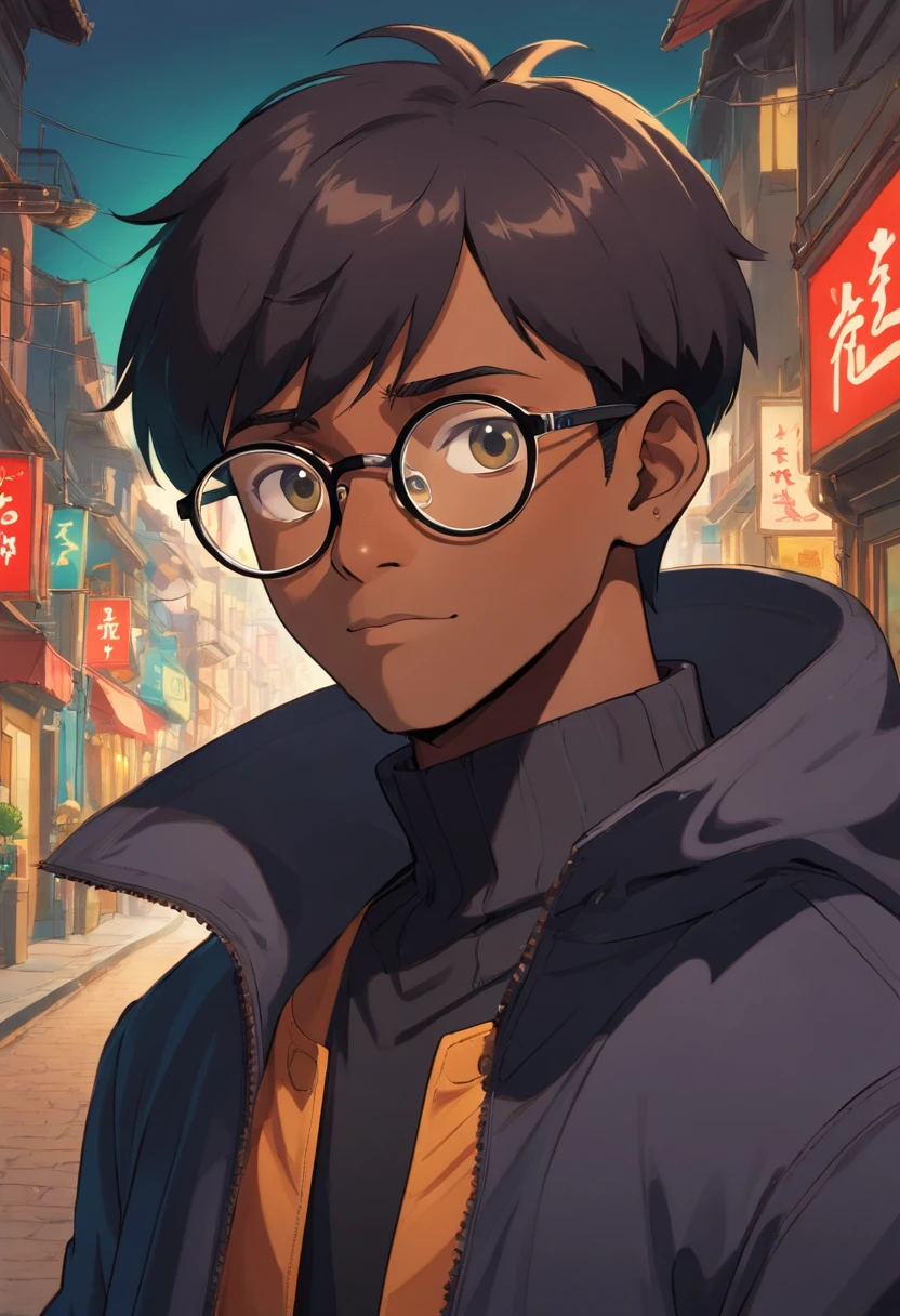 a black skinned guy, shaved black short hair, round glasses, wearing a black jacket