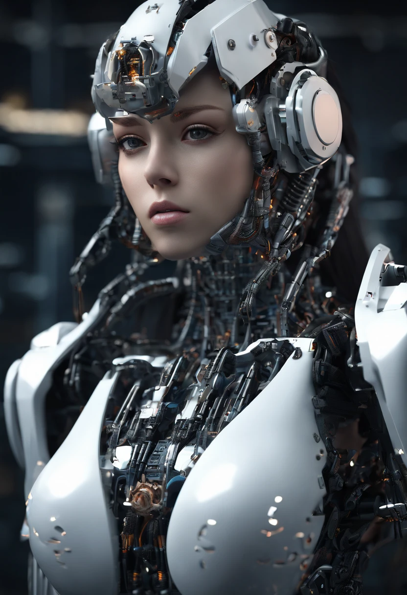 A woman dressed in a Gundam mech , long leges，large bust，Science fiction, Front view, sense of science and technology, C4D, OC renderer, illusory engine, High detail, industrial design, 8K HD, Studio light, Retro，Refined face，Delicate eyes，bust，largeeyes