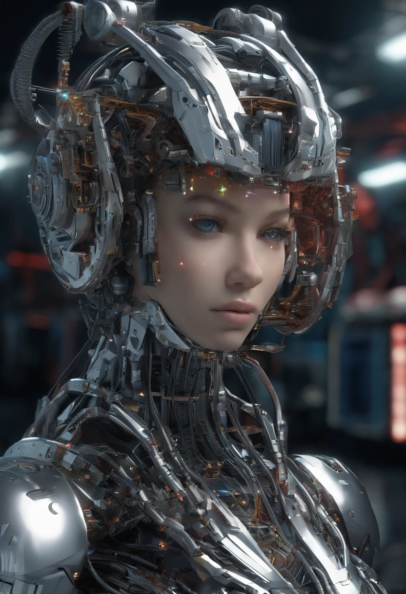 A woman dressed in a Gundam mech , long leges,large bust,Science fiction, Front view, sense of science and technology, C4D, OC renderer, illusory engine, High detail, industrial design, 8K HD, Studio light, Retro,Refined face,Delicate eyes,bust,largeeyes