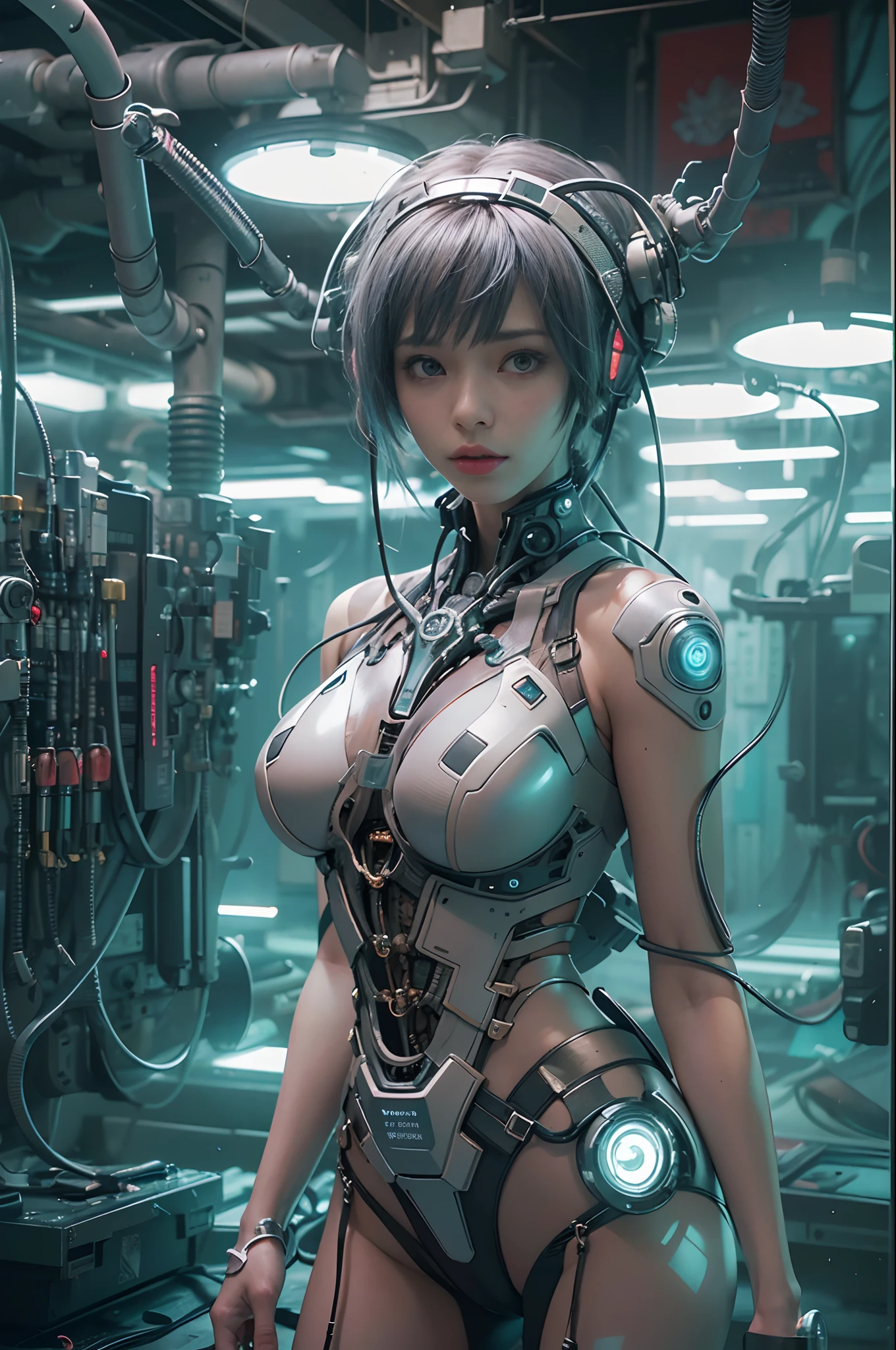 Top Quality, Masterpiece, Ultra High Resolution, ((Photorealistic: 1.4), Raw Photo, 1 cyberpunk Girl, Glossy Skin, 1 Mechanical Girl, (Ultra Realistic Details)), mechanical limbs, tubes connected to the mechanical parts, mechanical vertebrae attached to the spine, mechanical cervical attachment to the neck, wires and cables connecting to the head, Evangelion, Ghost in the Shell, small glowing LED lamps, global lighting, deep shadows, Octane Rendering, 8K, Ultra Sharp, Metal, Intricate Ornament Details, baroque details, Very intricate details, realistic light, CGSoation trend, facing the camera, neon details, (android manufactory in background), art by H.R. Giger and Alphonse Mucha.