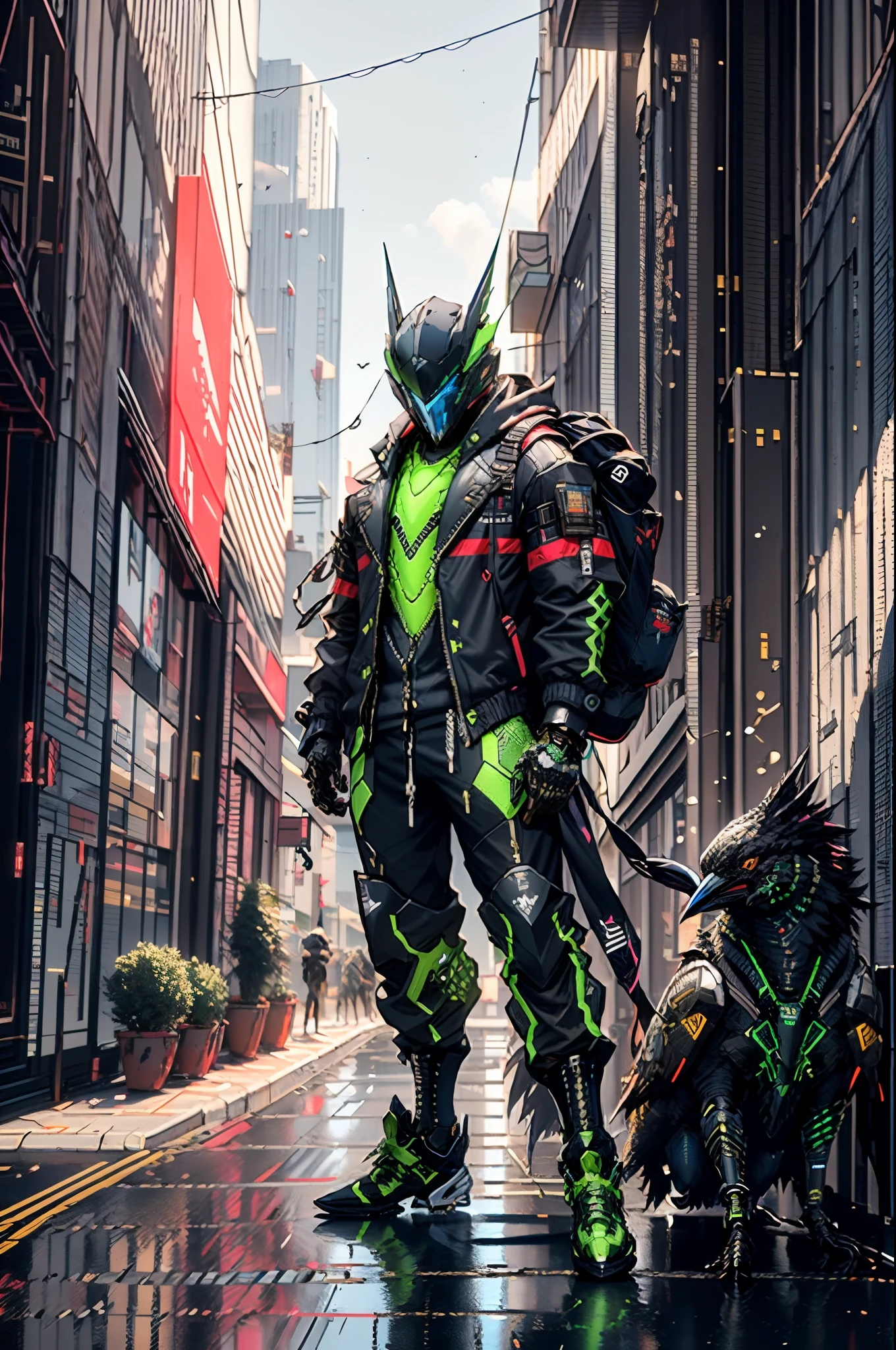 there is a man in a black and green outfit with a backpack, cyberpunk streetwear, cyberpunk suit, cyberpunk street goon, cyberpunk wearing, cyberpunk techwear, muted cyberpunk style, has cyberpunk style, style of cyberpunk, wearing cyberpunk streetwear, cyberpunk soldier, hyper-realistic cyberpunk style, cyberpunk character design, all black cyberpunk clothes, crow in cyber armour, cyberpunk clothes