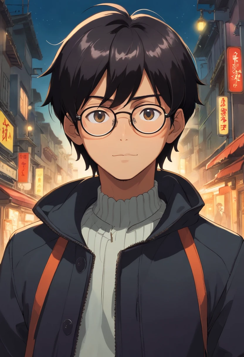 a black skinned guy, shaved black hair, round glasses, wearing a black jacket