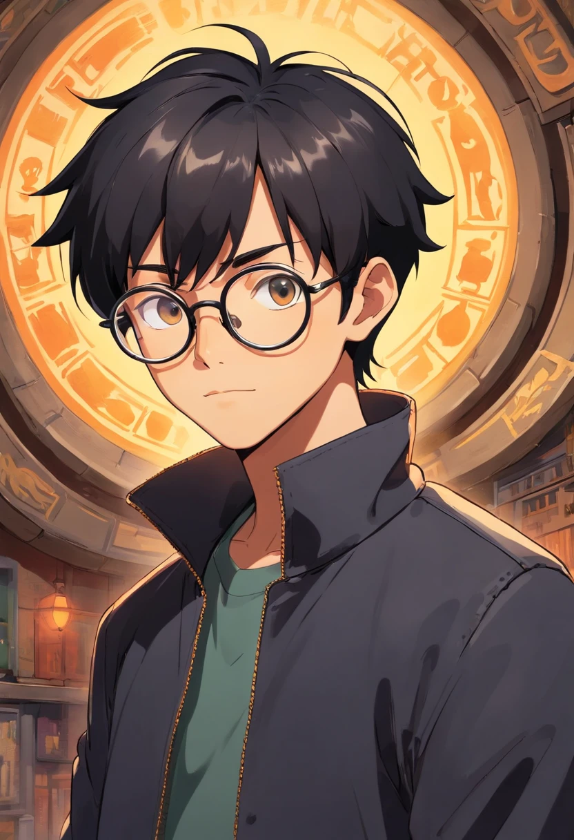 a black skinned guy, shaved black hair, round glasses, wearing a black jacket