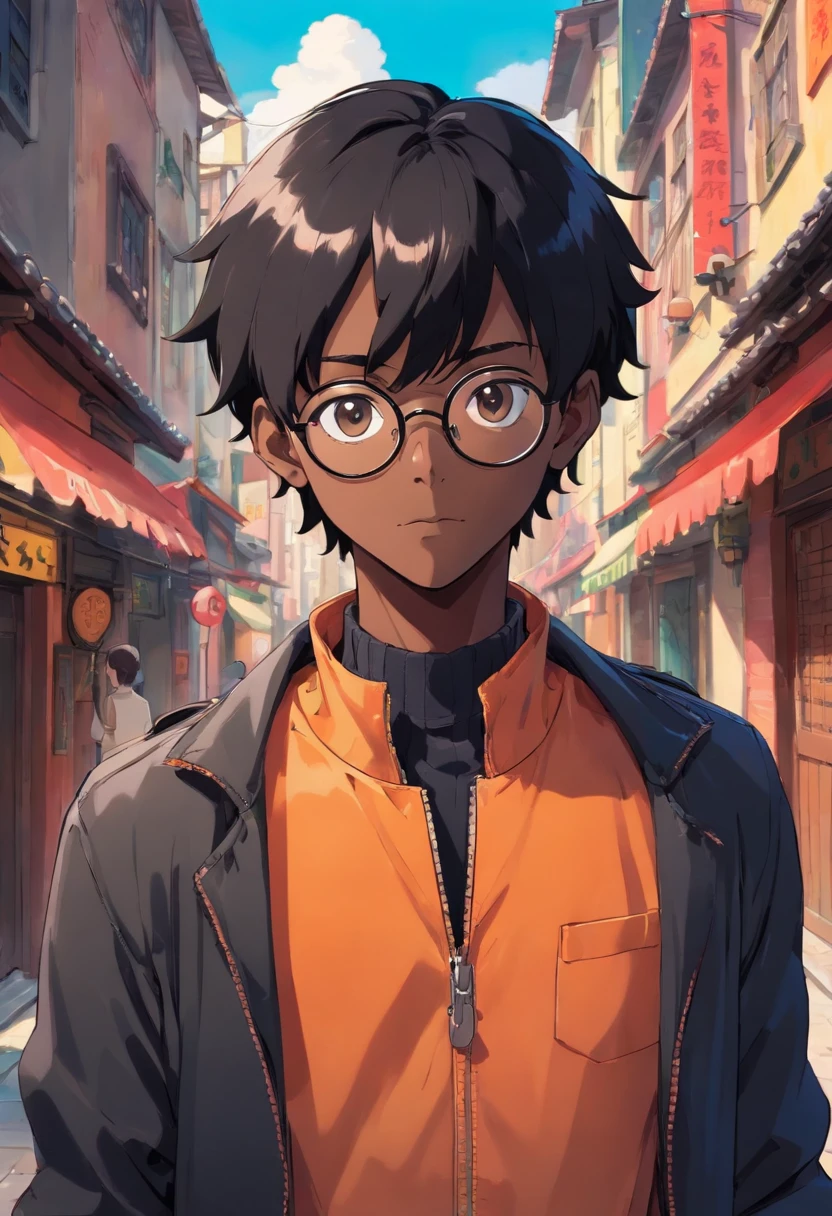 a black skinned guy, shaved black hair, round glasses, wearing a black jacket