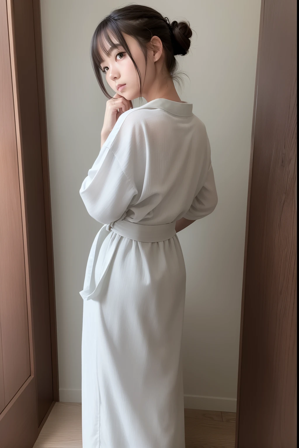 ((Masterpiece,Best quality, high resolution)), 1girll, Solo, The light is gentle，1 girl in a gray yukata，white sash，burlap，Female prisoners，With a petite figure，brunette color hair，hair-bun，Stand in a gloomy prison，stand posture，Full body like，Painful expression，is shy，Clothing covers the whole body，folds，solid color backdrop，back