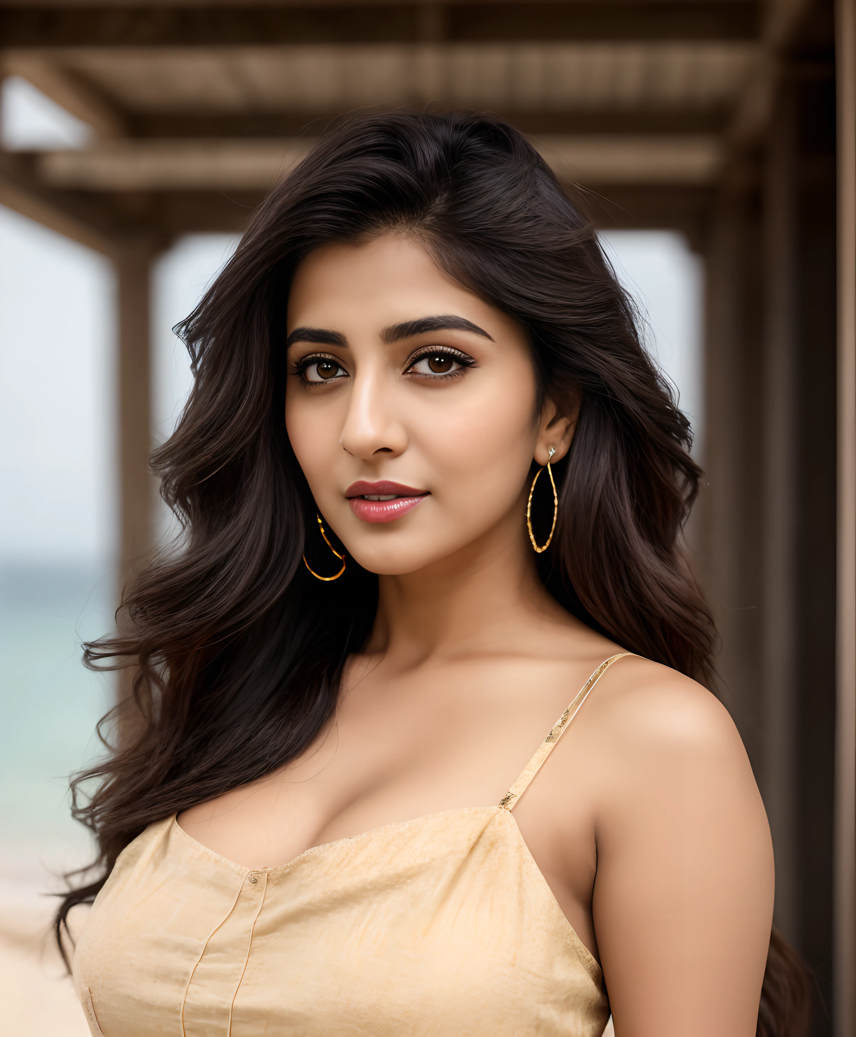 ((RAW, analog style)), face, extremely detailed full body color photo of a 29 y.o girl, beautiful face, beautiful eyes, ((small nose)), big natural lips, ((fabric dress)), medium breasts, healthy body, beach, ((film grain, skin details, high detailed skin texture, 8k hdr, dslr)), indian female model rubina tandon, close-up picture of rubina tandon, Sexy figure, hot looks, long hair, sparkling day dreams eyes