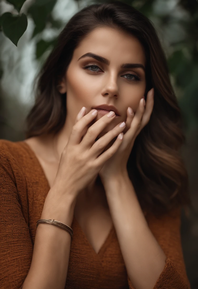 foto realista, mulher jovem, 30-year-old brunette with her hands on her face