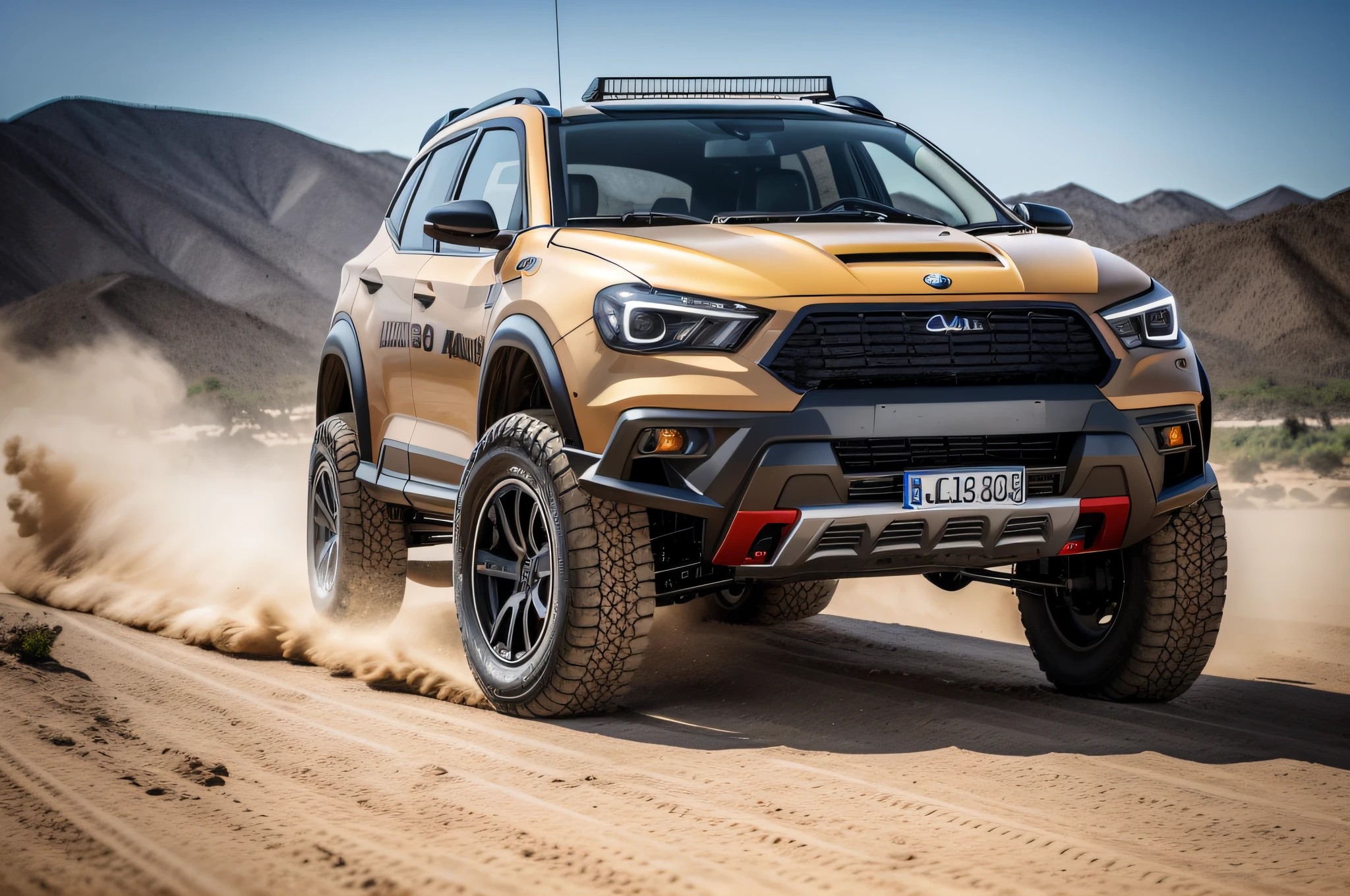 Um closeup de um AMC Eagle SX4, com rack de teto, estribos nas laterais, Competition Accessories (( pneus grossos e altos)) rodas preta de off-road, quebra mato frontal((( Estilo militar))), trending on vehicle design, dominance, corpo inteiro, corpo inteiro, 4l, gm, desporto, Detalhe poderoso, Album art, new vehicle, extremamente intrincado, vehicle, Directed by: Karl Völker, ao fundo deserto do nordeste do Brasil, um burro ao lado do carro