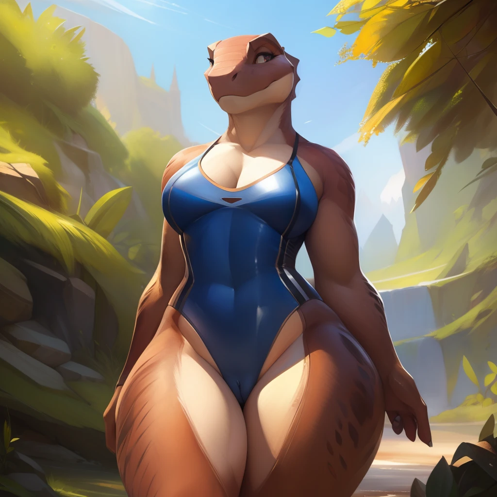 high quality, hyperrealistic, detailed, female anthropomorphic, (female heavy bbw lizard), anthro woman, voluptuous, good drawn face, nsfw, full body view, curvy figure, bright day, standing, natural body proportions, (innie pussy), biped, beautiful, cute, wide hips, thick thighs, (clothed a tight swimsuit), (fully clothed), huge hips, huge thighs, by Pixelsketcher, by Bayard Wu, by Einshelm, thicc