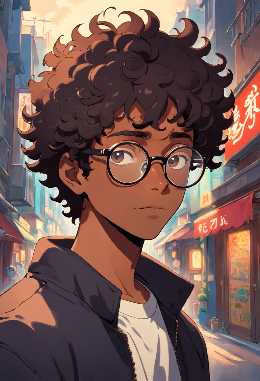 a black skinned guy, short curly hair, round glasses, wearing a black jacket