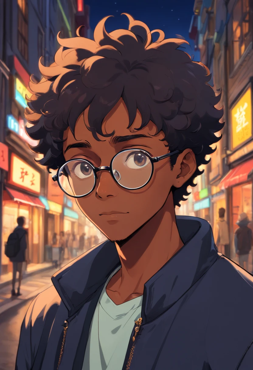 a black skinned guy, short curly hair, round glasses, wearing a black jacket