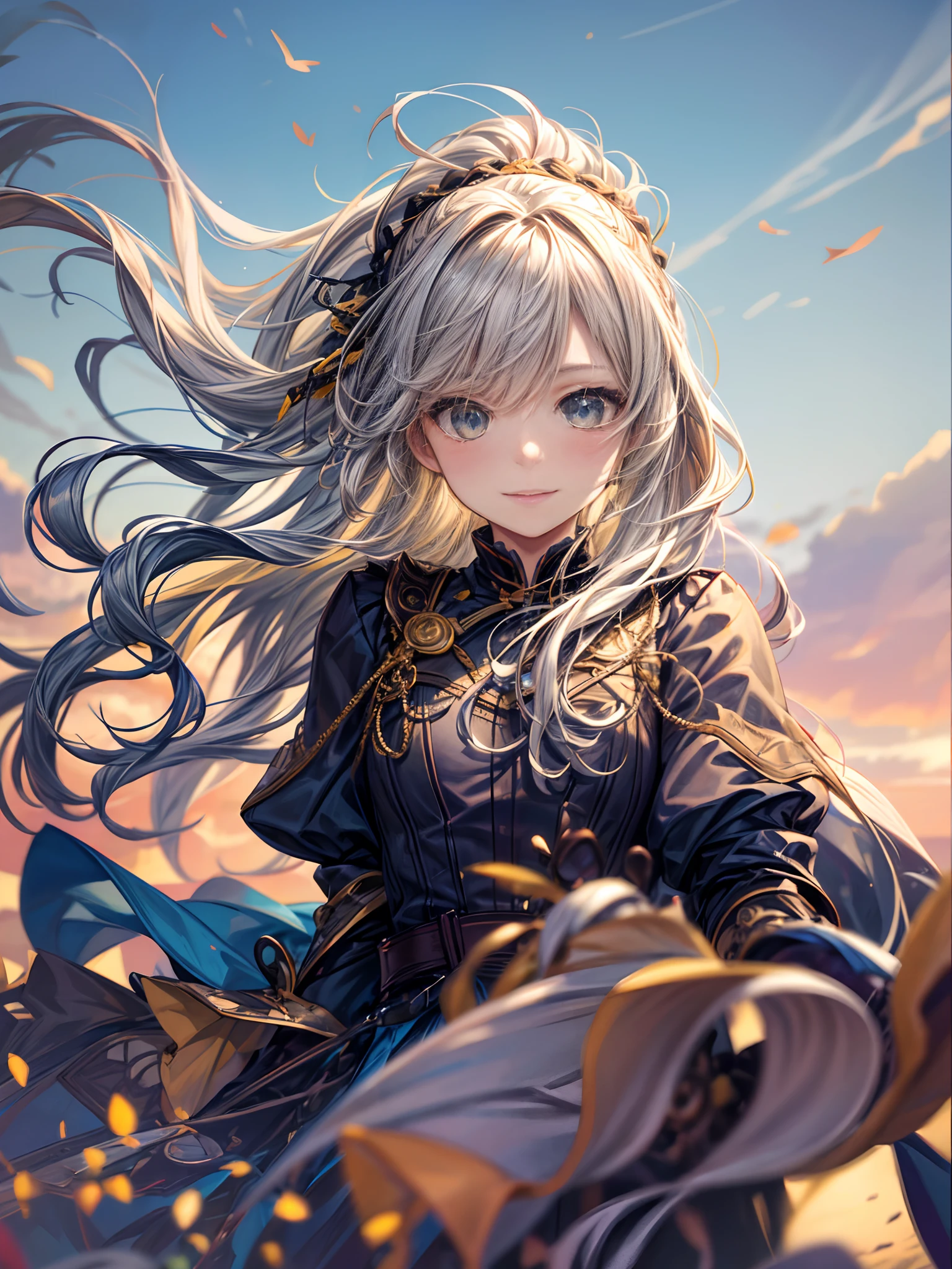best quality, masterpiece, extremely detailed, detailed background, 1girl, solo, yellow hair, blue eyes, braid, long hair, wavy hair, fluffy hair, ponytail, french braid, blush, smile, capelet, lace trim, bodice, sunset, dusk, scenery, high place, horizon, wind, wind blow, flowerbed, looking at viewer, depth of field, bokeh