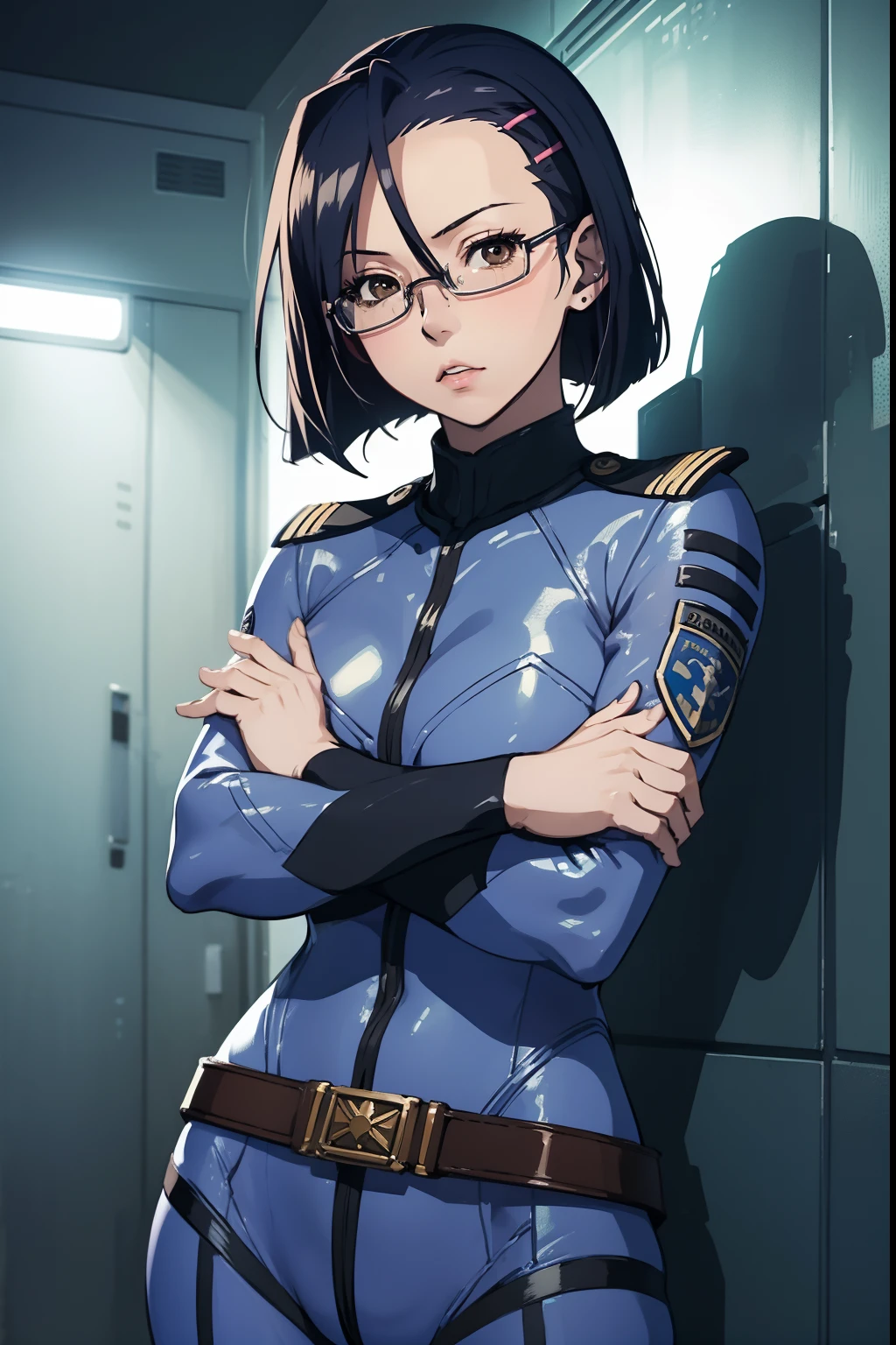 (masterpiece, best quality:1.2), cowboy shot, solo, 1girl, niimi kaoru, expressionless, looking at viewer, crossed arms, hairclip, glasses, bodysuit, uniform, belt