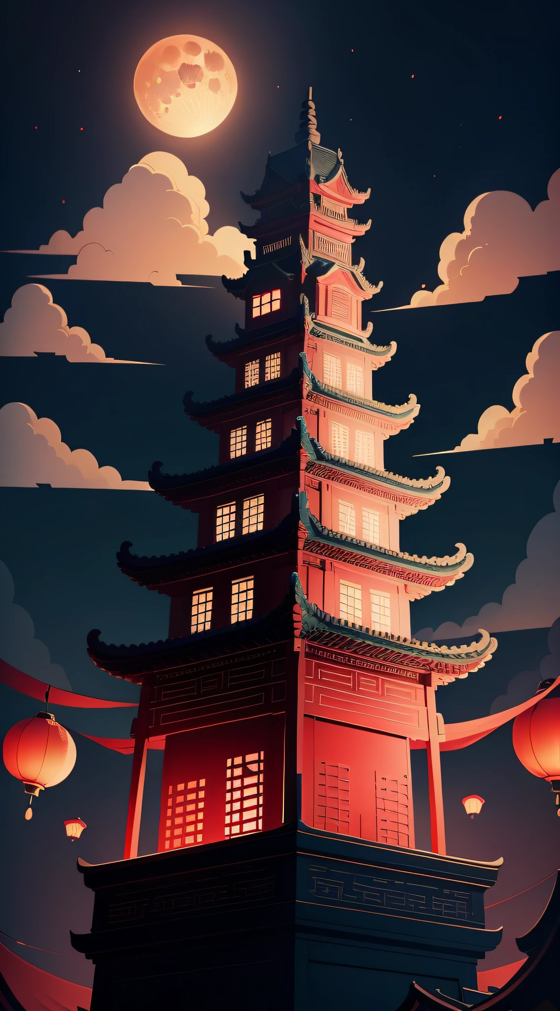 Mid-Autumn Festival,Moon cake, Auspicious clouds, Red lanterns, Exquisite ancient Chinese architecture, In the background is a huge moon, With vector line illustration, amarelo、Red and dark blue tones, Abstract picture, No Man,No Man,No Man,surrealism, Clear background trends, clear contour light, Edge light, fantasy, Dappled light, Flat illustration,Disney style, 8K, --AR 9:16 --q 2 --niji 5