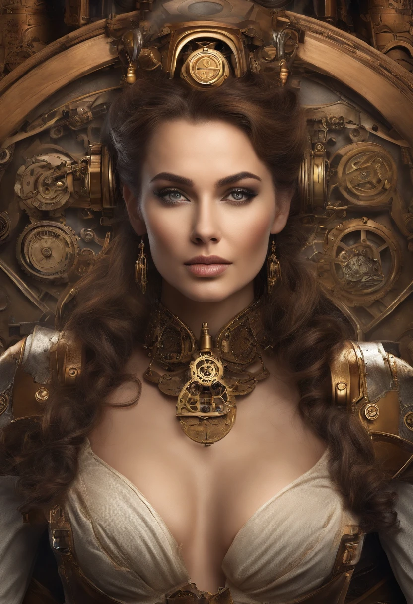 A woman wearing a Gundam mech , long leges，Large bust，Science fiction, Front view, sense of science and technology, C4D, OC renderer, illusory engine, High detail, industrial design, 8K HD, Studio light, Retro，Refined face，Delicate eyes，Bust，largeeyes，big breasts exposed cleavage