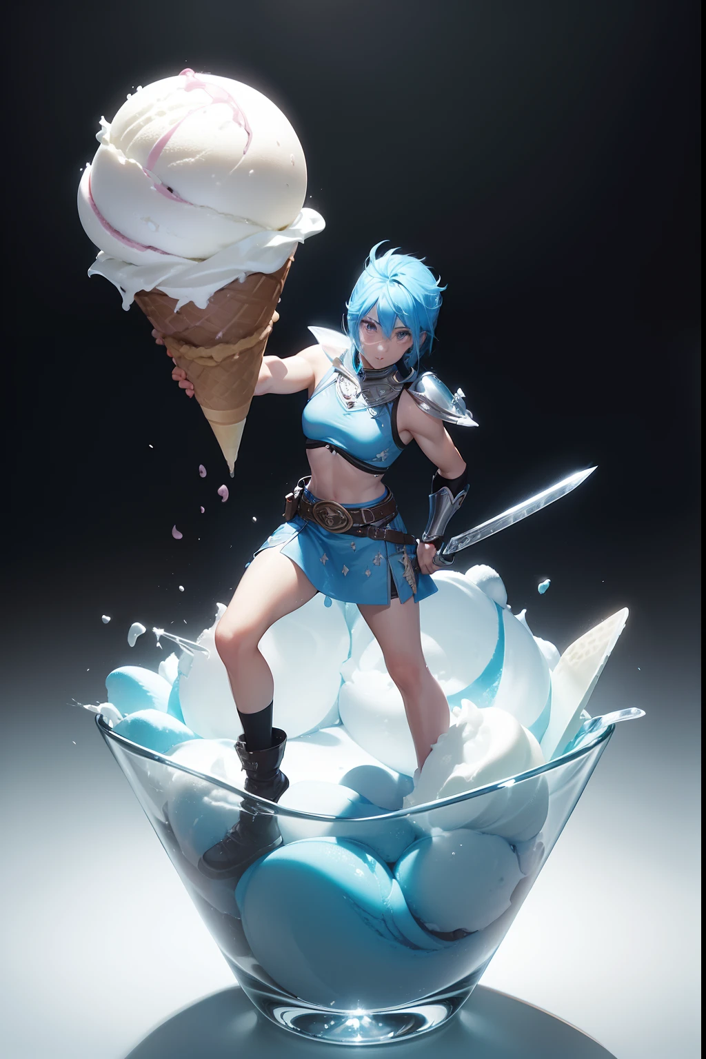 (made of the main ingredient is ice cream warrior:1.3). ice cream sword, dark spot lighting, catch lighting,