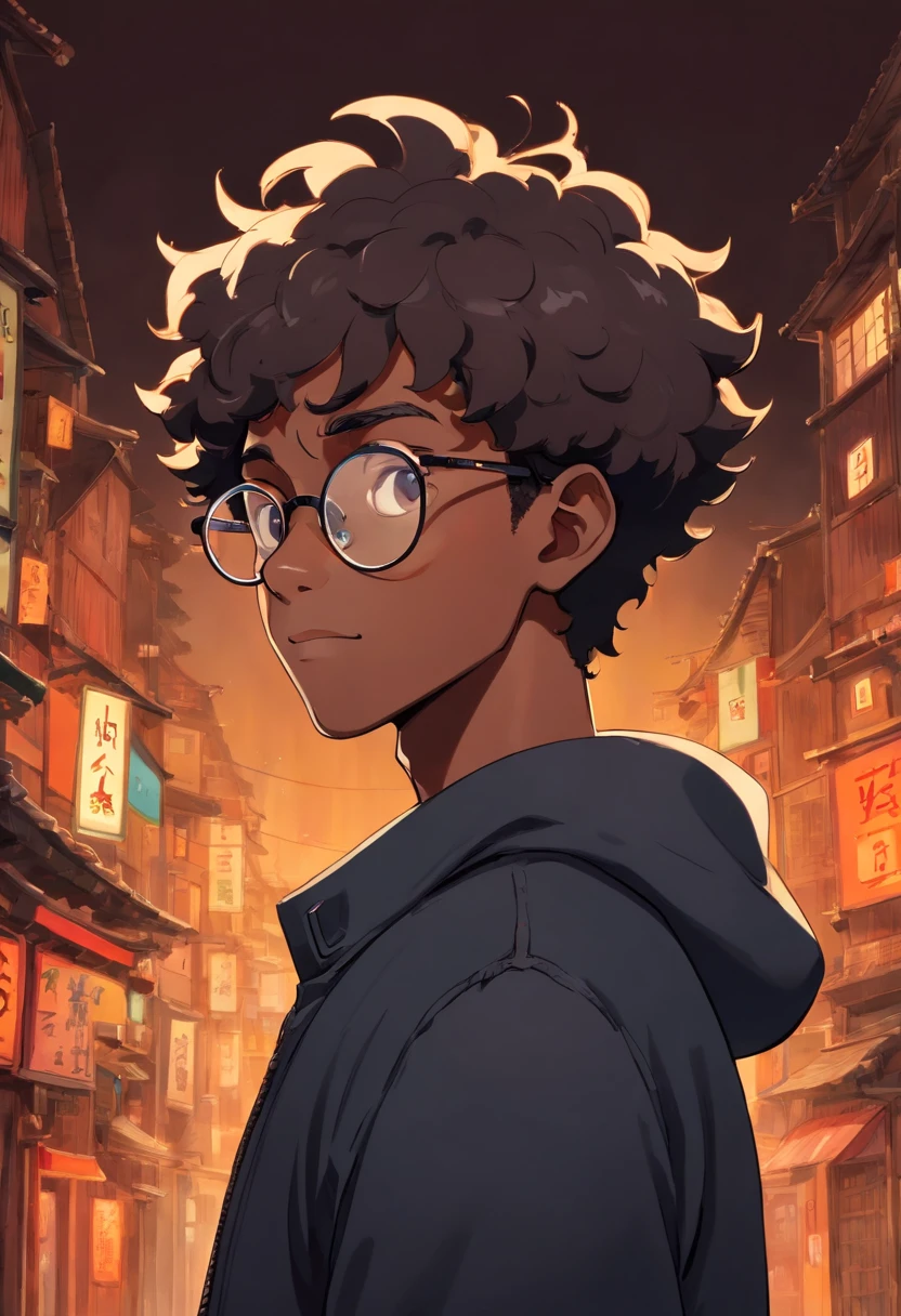 a black skinned guy, short shaved curly hair, round glasses, wearing a black jacket