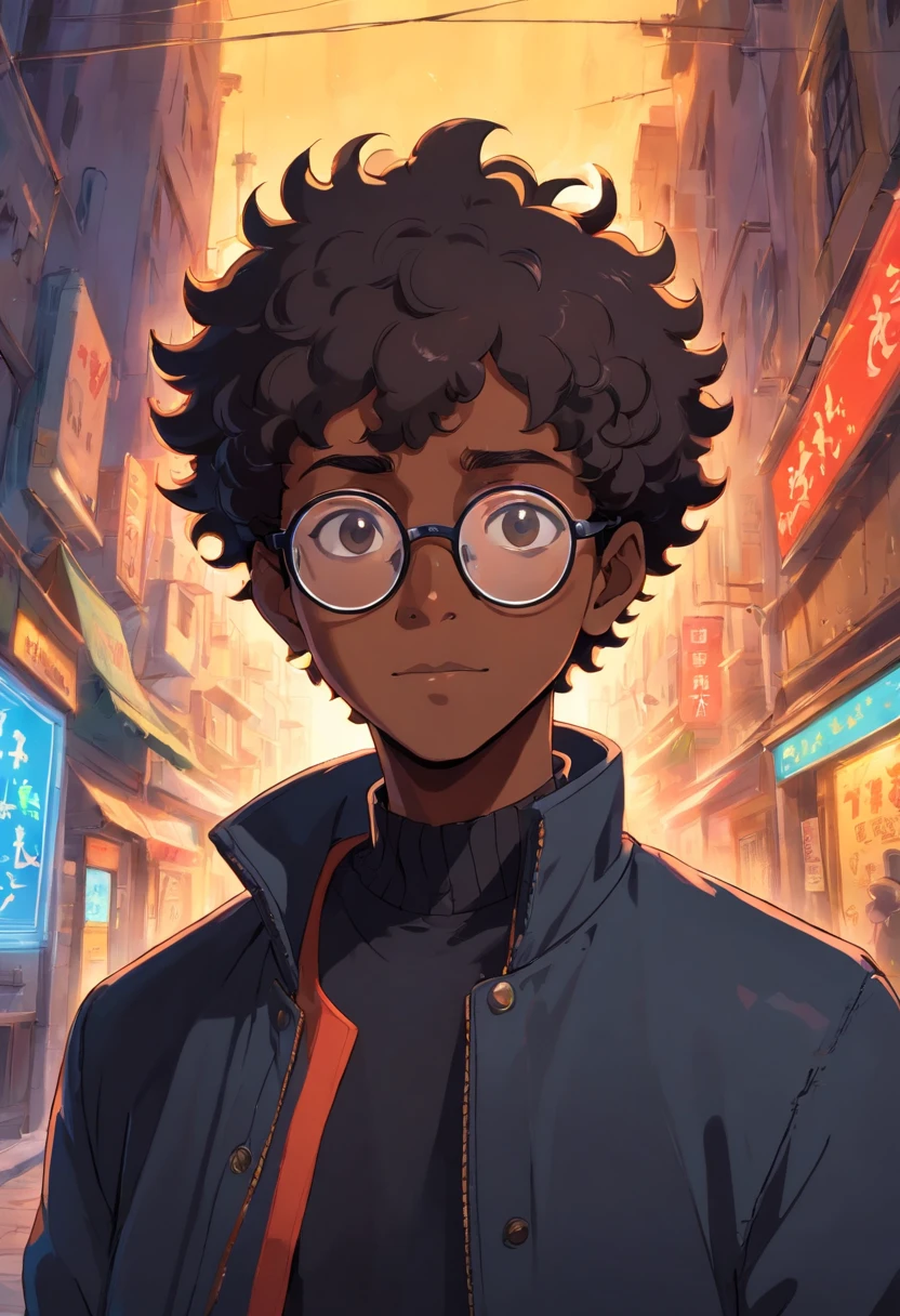 a black skinned guy, short shaved curly hair, round glasses, wearing a black jacket