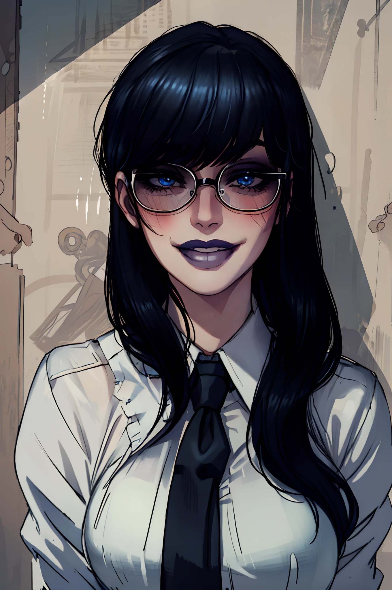 beautiful, (masterpiece:1.2), (best quality:1.2), perfect eyes, perfect face, perfect lighting, 1girl, solo, portrait, cute face, blue and black hair, glasses, blush, pale skin, goth makeup, face portrait, seductive expression, seductive look, smiling, formal shirt with tie