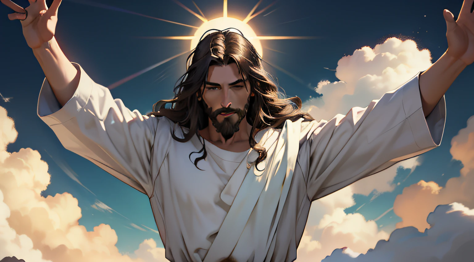 Jesus Christ to heaven with open arms, Retrato fotorrealista, Definition of 8k. Background Story: nuvens, melhor qualidade, master part, super detalhe, Bible, Bible stories