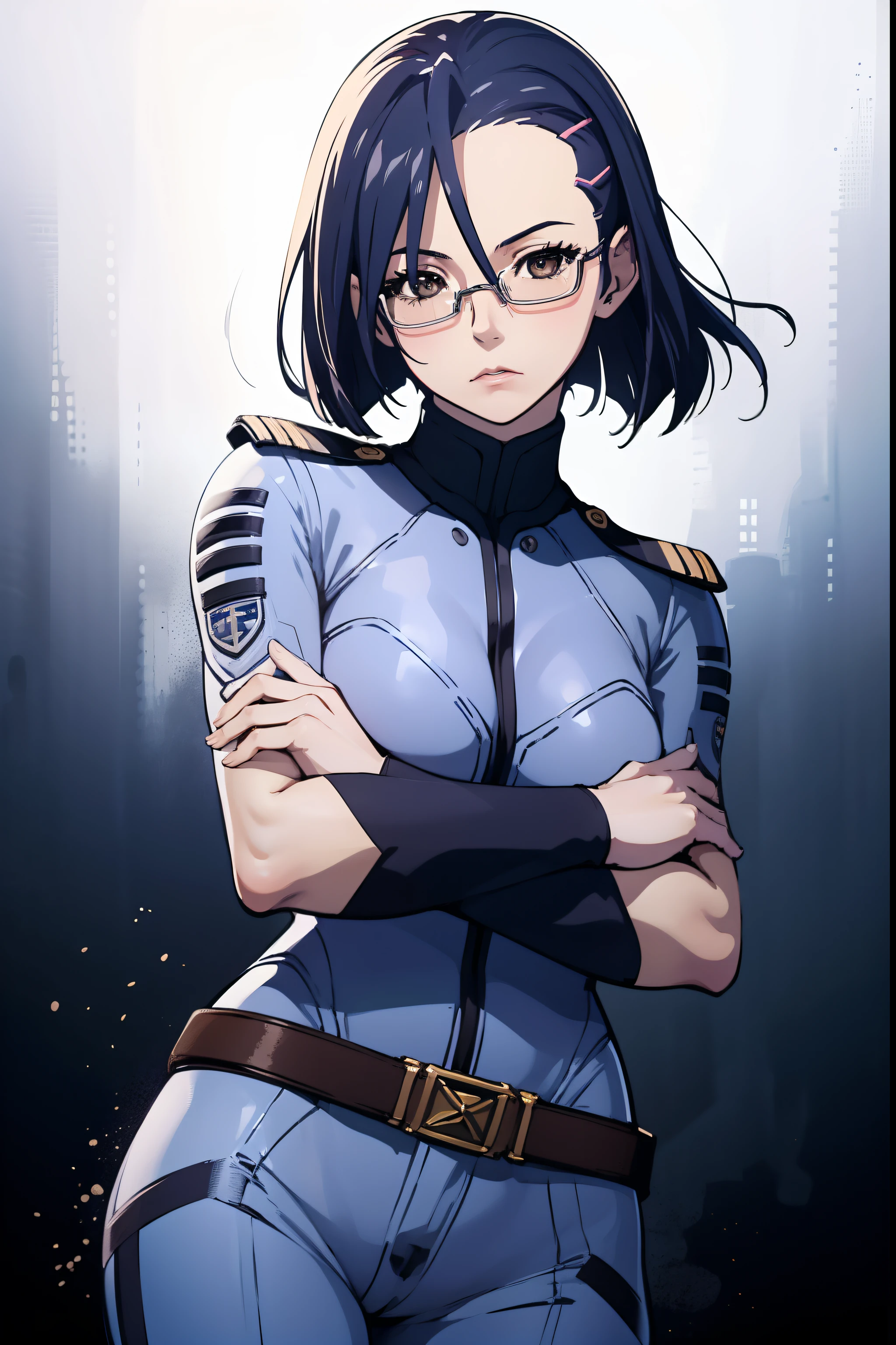 (masterpiece, best quality:1.2), cowboy shot, solo, 1girl, niimi kaoru, expressionless, looking at viewer, crossed arms, hairclip, glasses, bodysuit, uniform, belt
