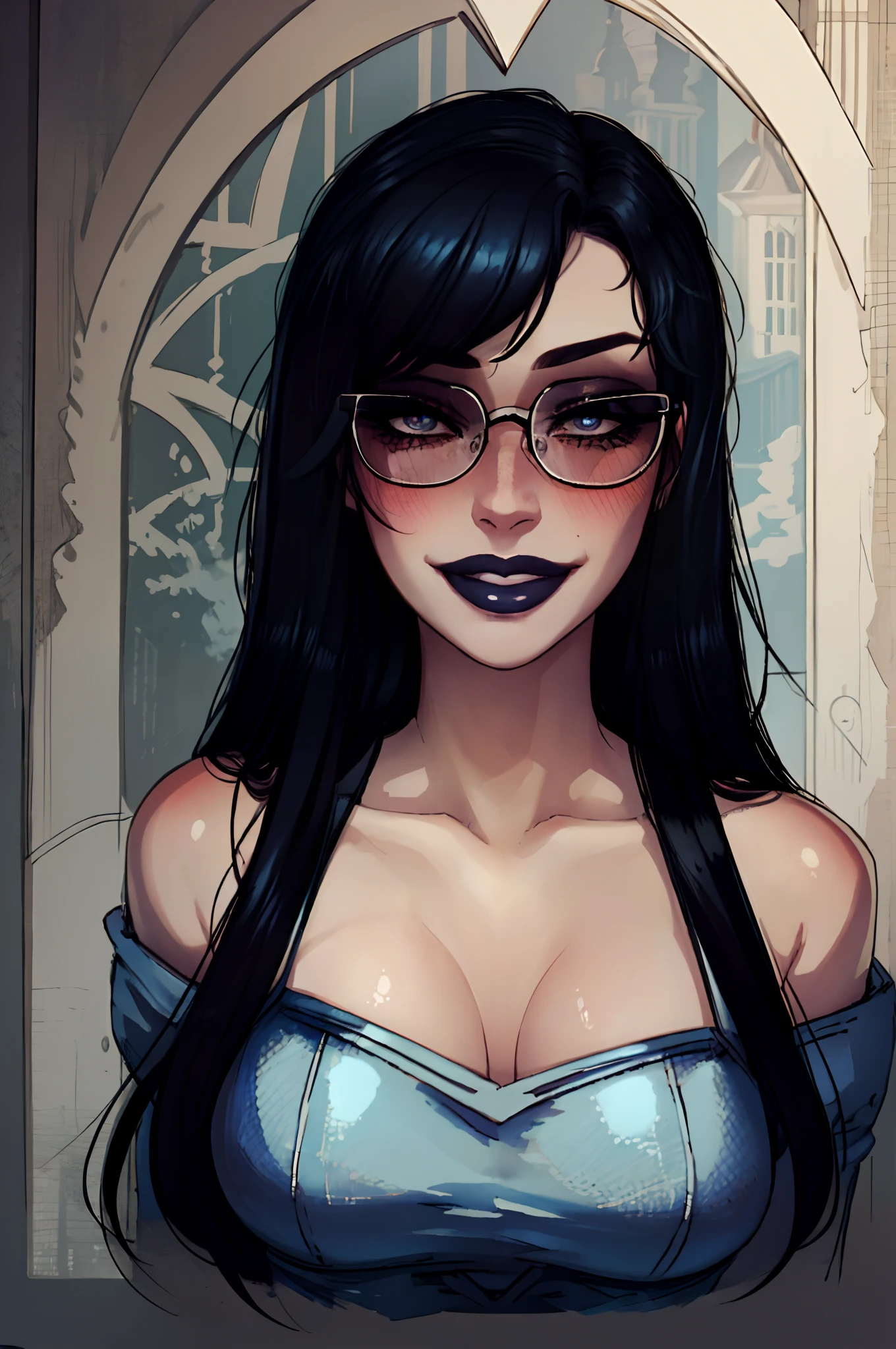 beautiful, (masterpiece:1.2), (best quality:1.2), perfect eyes, perfect face, perfect lighting, 1girl, solo, portrait, cute face, blue and black hair, glasses, blush, pale skin, goth makeup, face portrait, seductive expression, seductive look, smiling