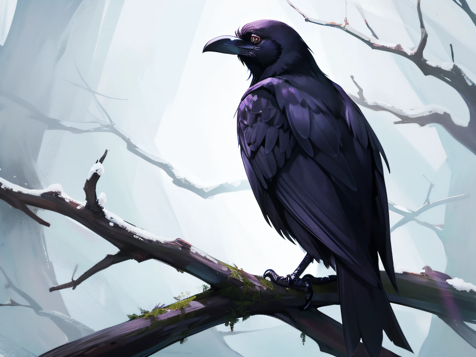A raven perched on a horizontal tree branch,pure white background,high detail,hyper quality,Soft illuminaotion,