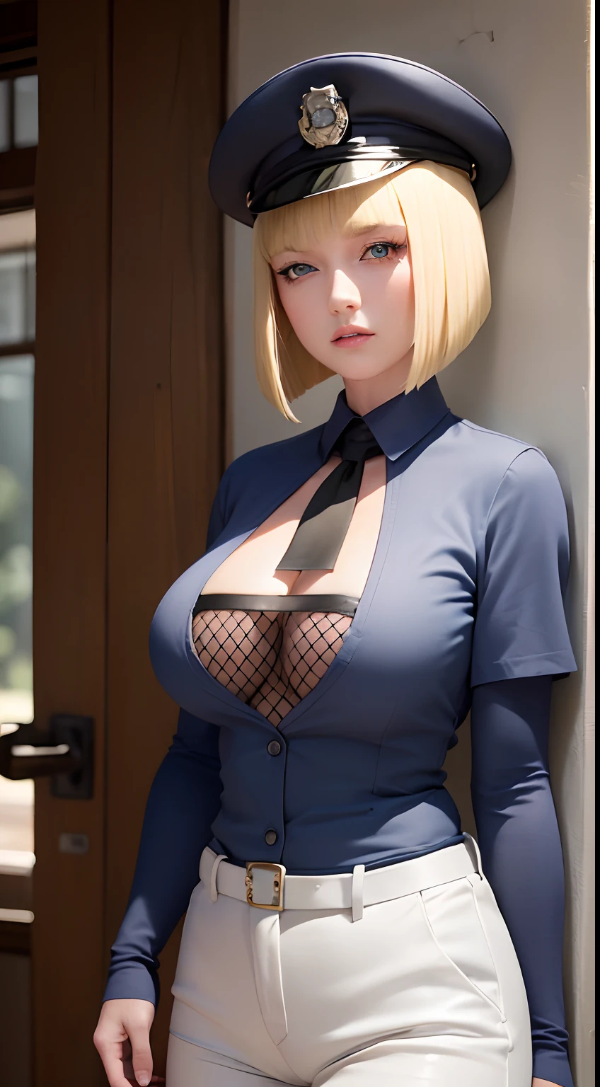 (very detailed background:1.0), (highly detailed background:1.0), (Masterpiece), High Quality, (1girl),
blonde hair, blue eyes, bangs, blunt bangs, bob cut,
mature woman, blush, large breasts, seductive smile, seductive pose,
indoor, police women, blue shirt, badge on arm, white gloves, (black tie), dark blue trousers, black belt, police hat,