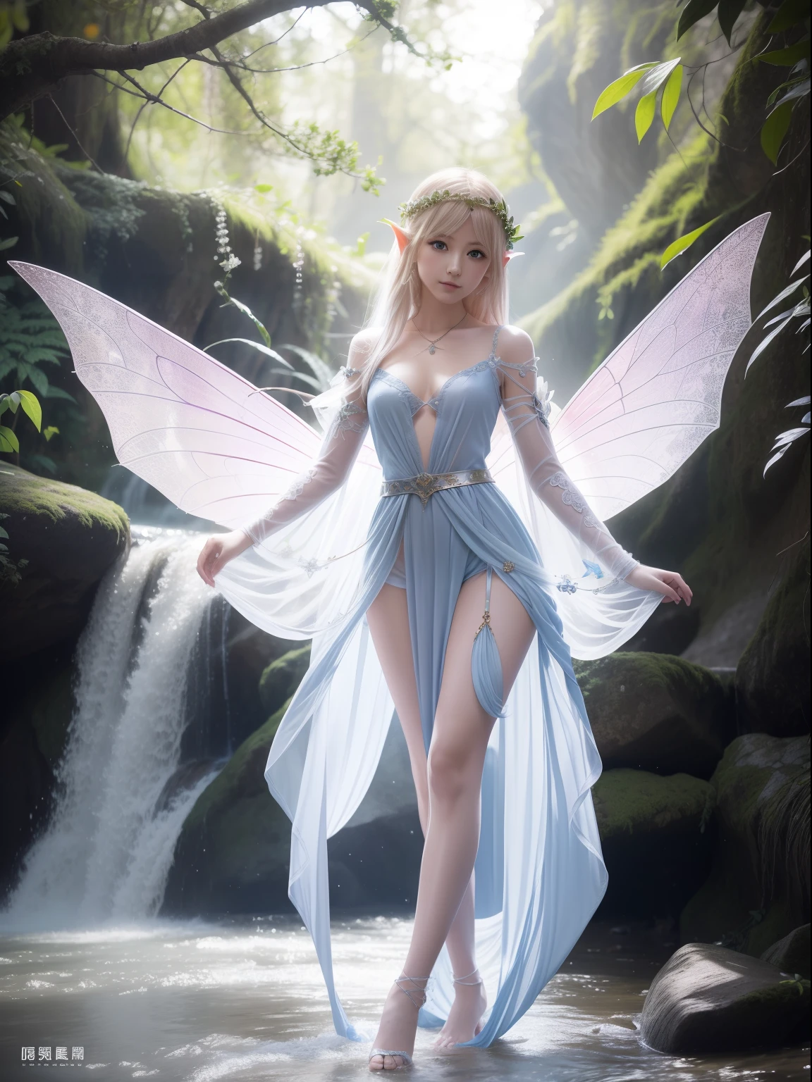 Red and purple dream color system、Sense of fate、top-quality、Master Layout,illuminating,full body Esbian,Sunlight,Tsurime,blond woman in a,a blond,Blue eyes,A spring in a dense forest、elvish、Dressed in a fairytale costume、((small tits,Thin leg,skinny thigh)),Water Fairy,Landscape with waterfall,ethereal fantasy、Fairy Tale Aesthetics、astral fairy、beautiful and elegant elf queen、ethereal fairy tale、beautiful ancient frost witch、 Full body portrait,Fantasy aesthetics,fairy tale core、Anime Cosplay、ethereal beauty、Fantasy Art Style、Anime girl cosplay、ethereal fantasy、beautiful fairies,The deepest part of the realistic jungle,Conversations with Women Explorers,extremely detailed eye and face、beatiful detailed eyes,