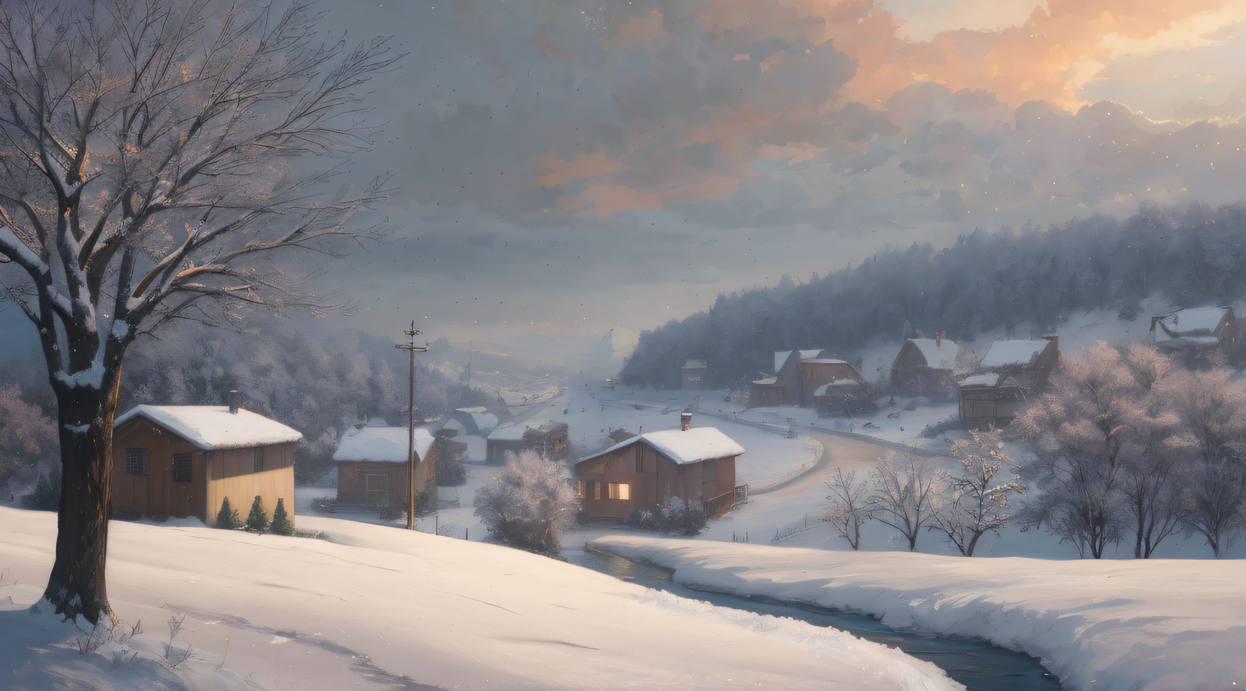 Painting of a snowy landscape with a tree and a house, inspirado em Evgeny Lushpin, paisagem de neve, Directed by: Krzysztof Boguszewski, paisagem nevada, inspirado em Gediminas Pranckevicius, Pintura digital fosca 4K HD, nevado. por makoto shinkai, kramskoi 4 mil