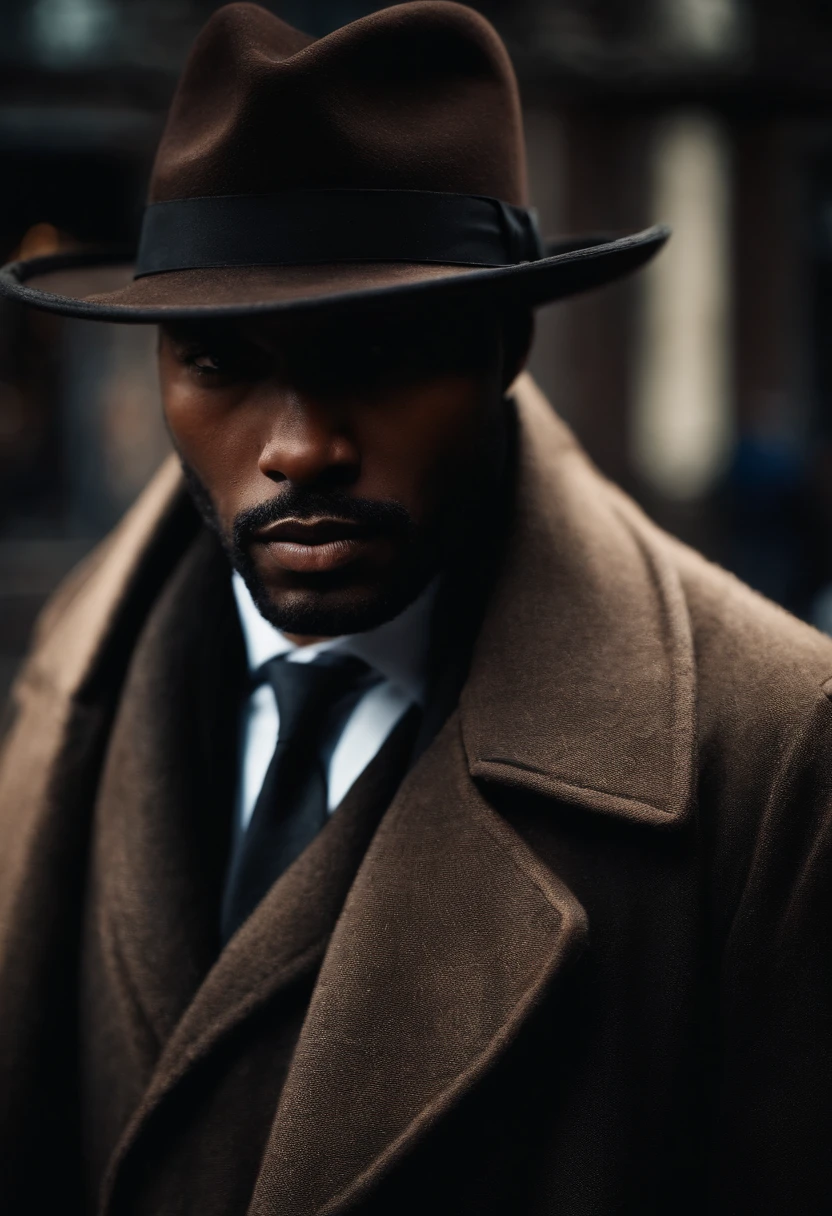 Close-up of the mysterious man's face in an overcoat and hat. Ele tem olhos determinados e uma cicatriz no rosto. He's black in color.