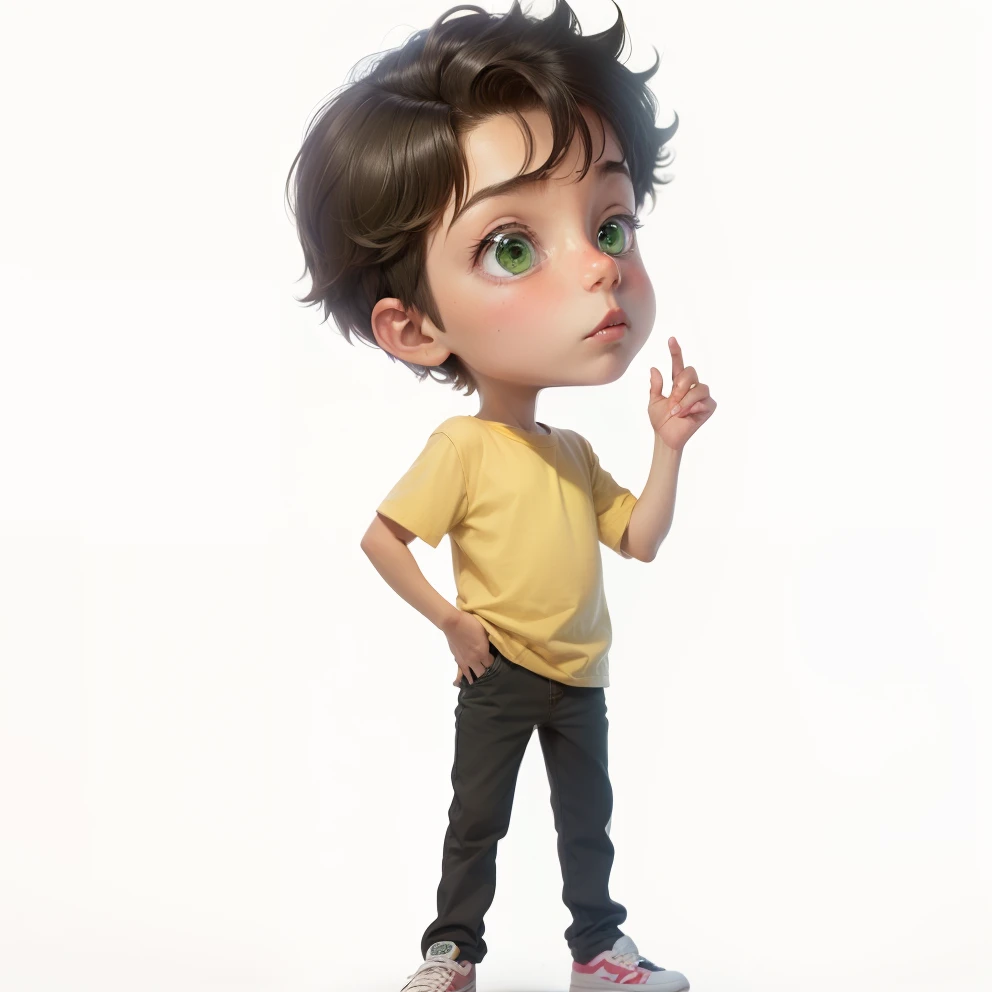 8--old with green eyes is worried with hand on chin