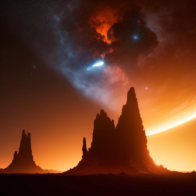 Alien base (Very detailed) In the mountainous desert,There are several exhaust fans and chimneys, Some spotlights come out of the base to illuminate dark places, (Extreme nights), Some clouds in the night sky, Some of the surrounding planets provide air to unknown planets,The farthest giant volcano is erupting